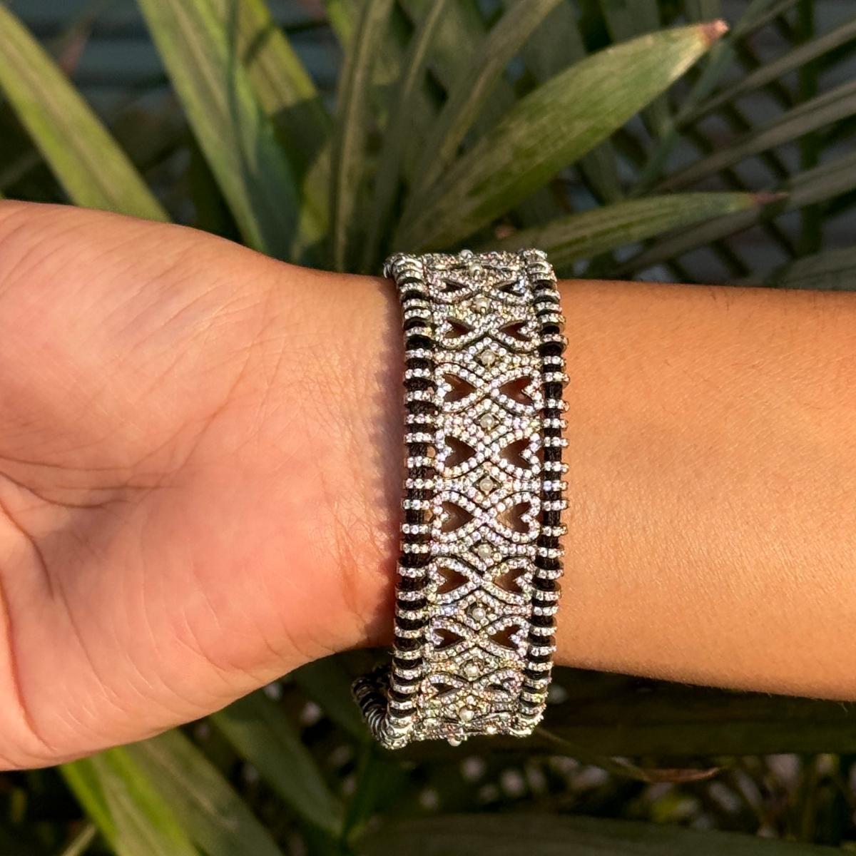 Vintage Style Pave Set Zircon Macrame Black Thread Bracelet for Unisex in Silver For Sale 2