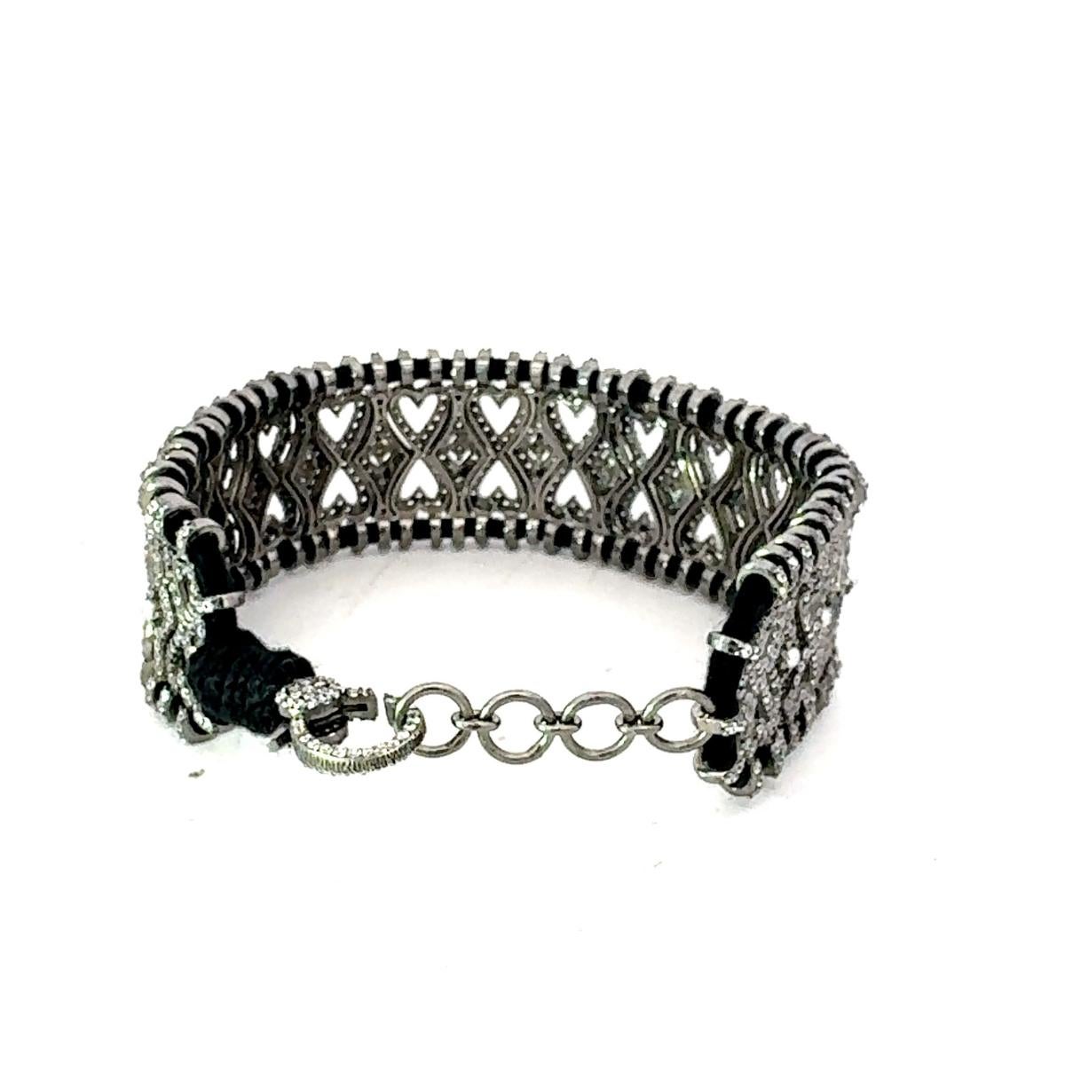Vintage Style Pave Set Zircon Macrame Black Thread Bracelet for Unisex in Silver For Sale 3