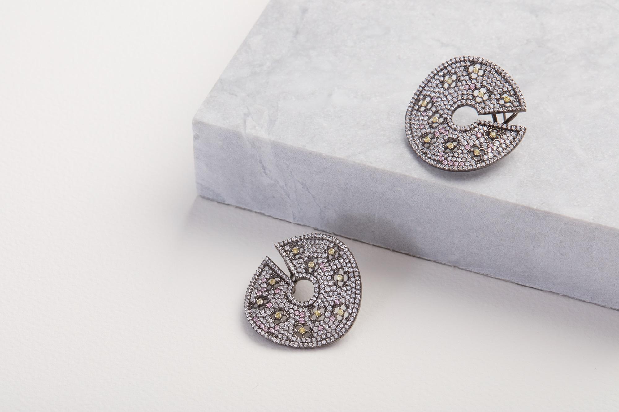 Contemporary Pave Statement Disk Earrings with Lever Back-Grey