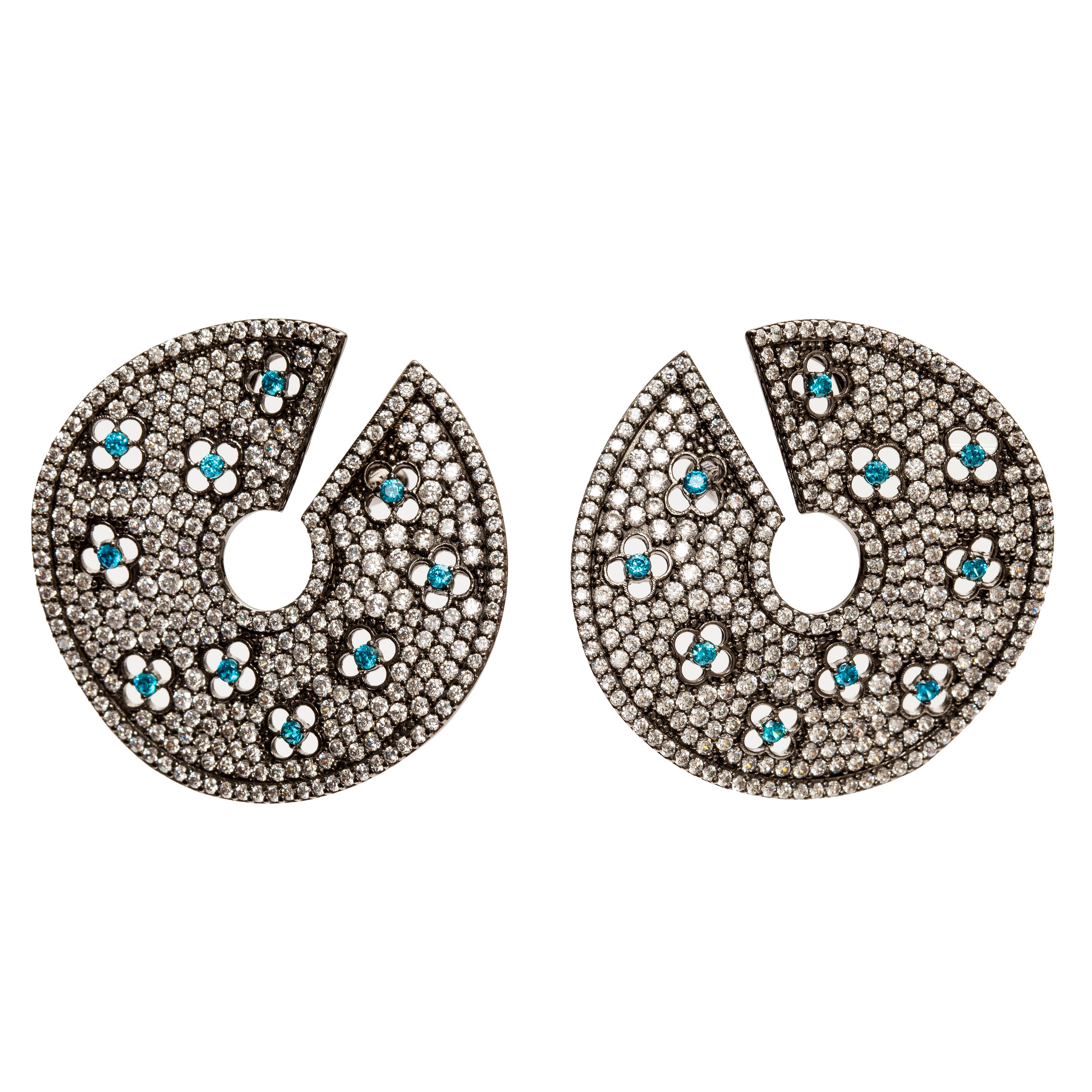 Pave Statement Disk Earrings with Lever Back- Grey