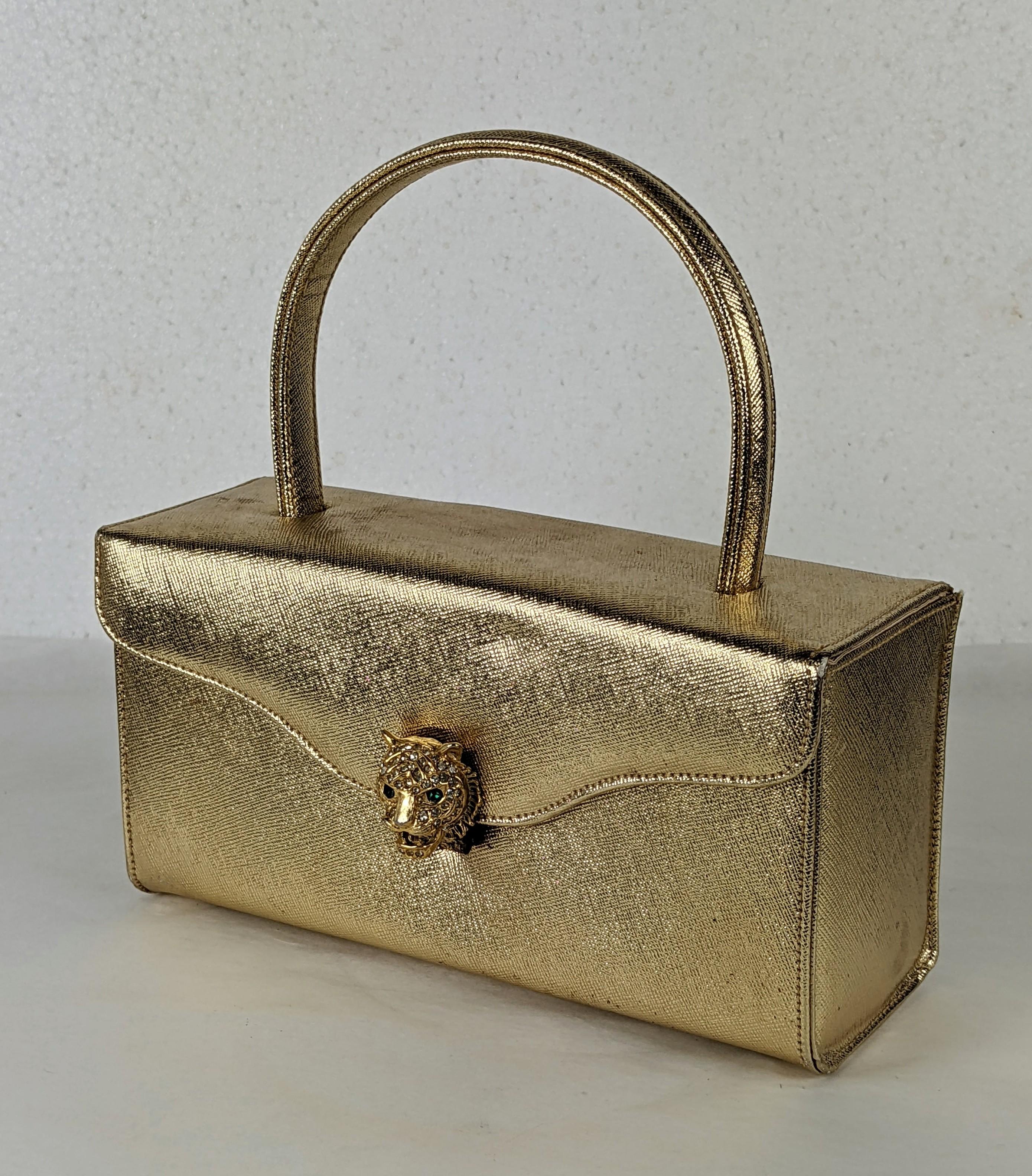 Charming top Handled Gold Leatherette Box Bag with pave and enamel tiger head clasp retailed at Saks Fifth Ave. in the 1960's. 