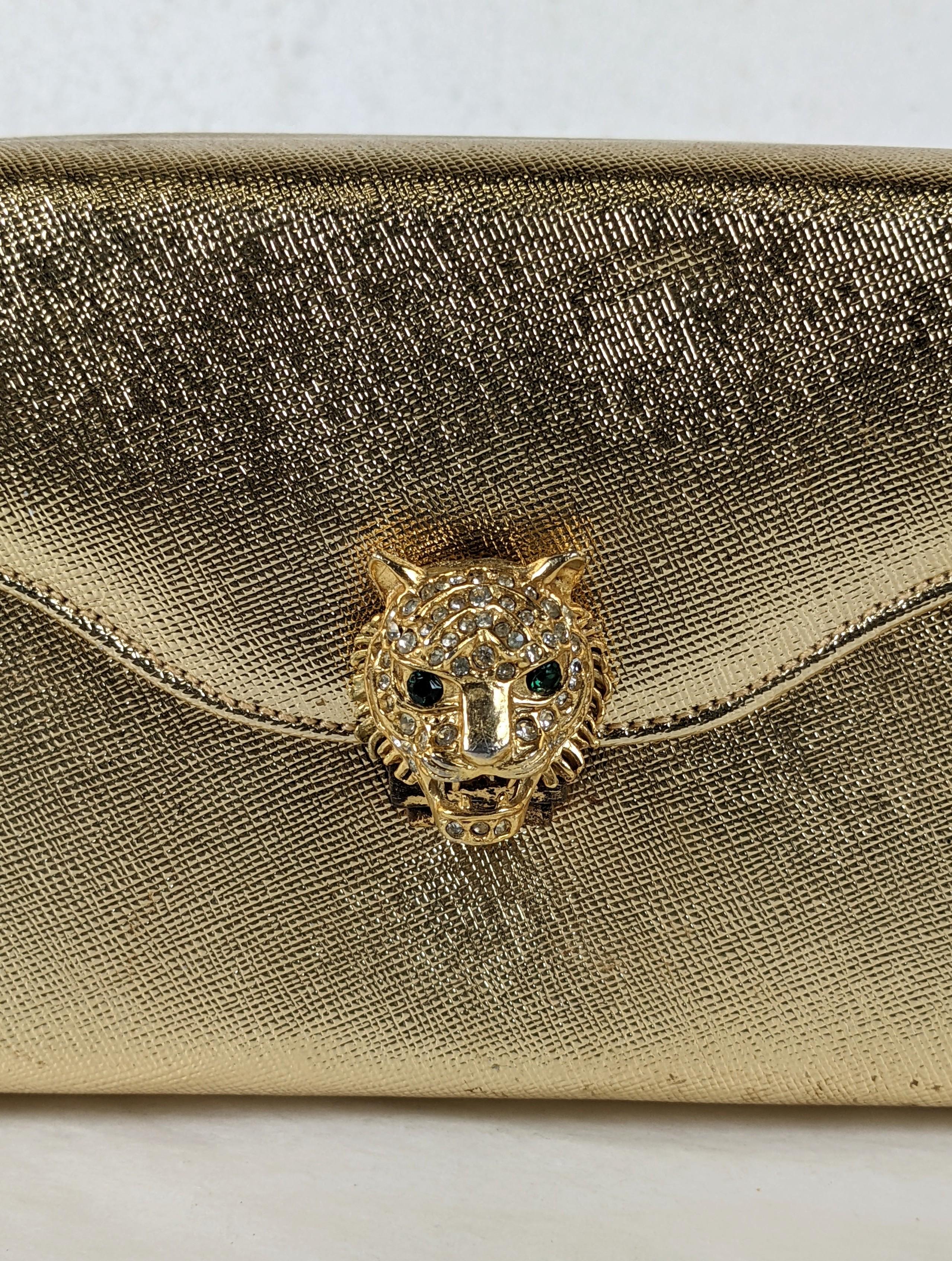 Brown Pave Tiger Head Gold Leatherette Box Bag For Sale
