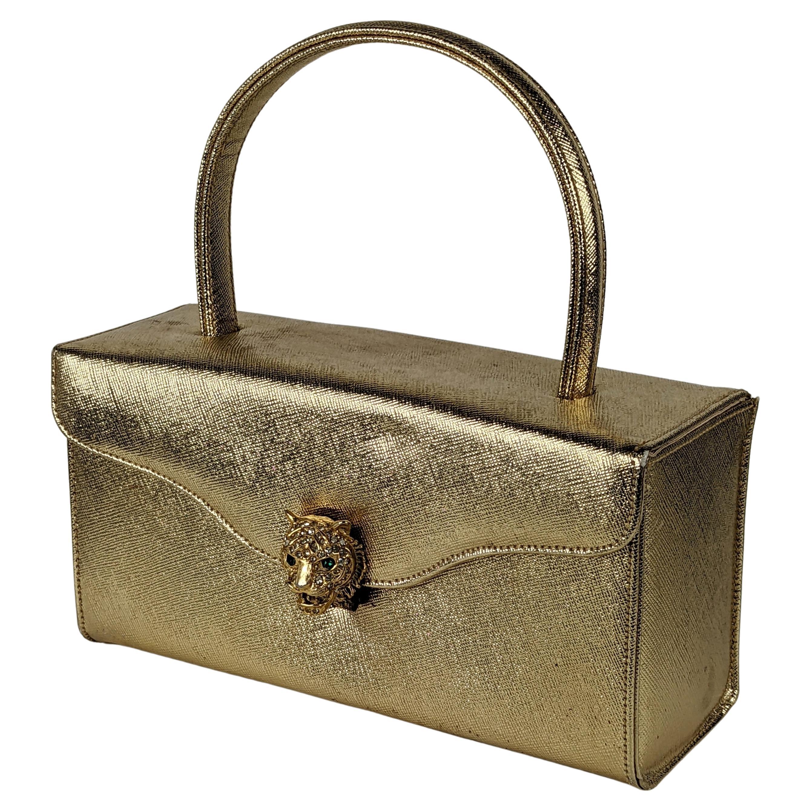 Pave Tiger Head Gold Leatherette Box Bag
