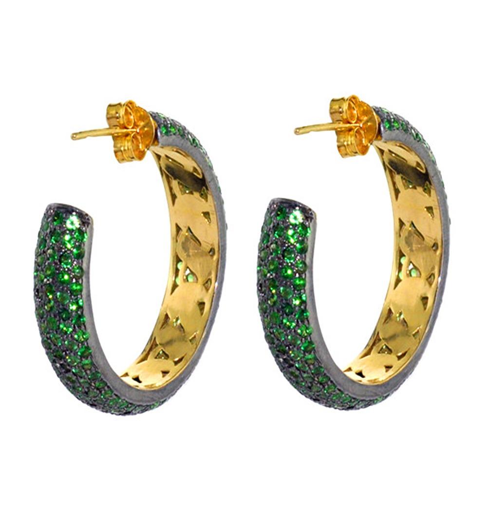 Art Nouveau Pave Tsavorite Hoop Earrings With Filigree Work On Inside In 14k Gold & Silver For Sale