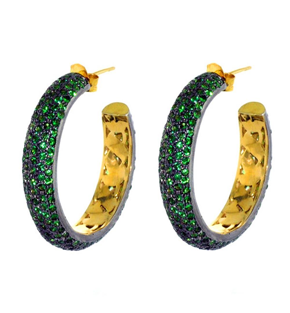 Mixed Cut Pave Tsavorite Hoop Earrings With Filigree Work On Inside In 14k Gold & Silver For Sale