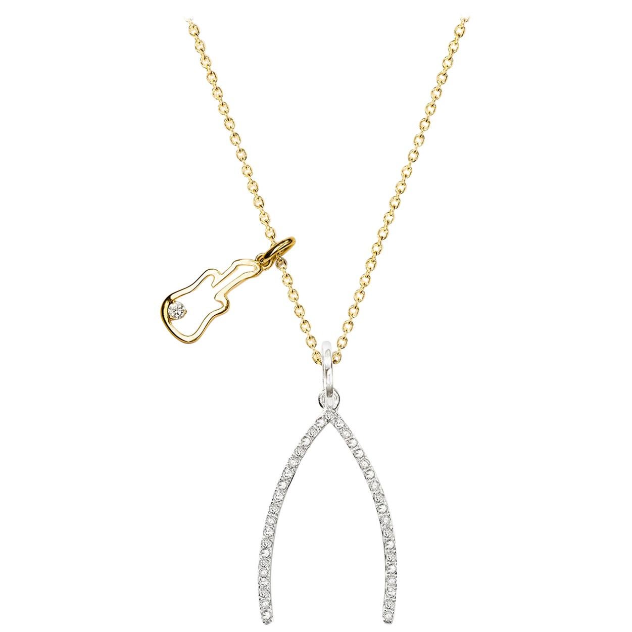 Pave Diamond Wishbone 18K Gold Pendant with Guitar Necklace For Sale