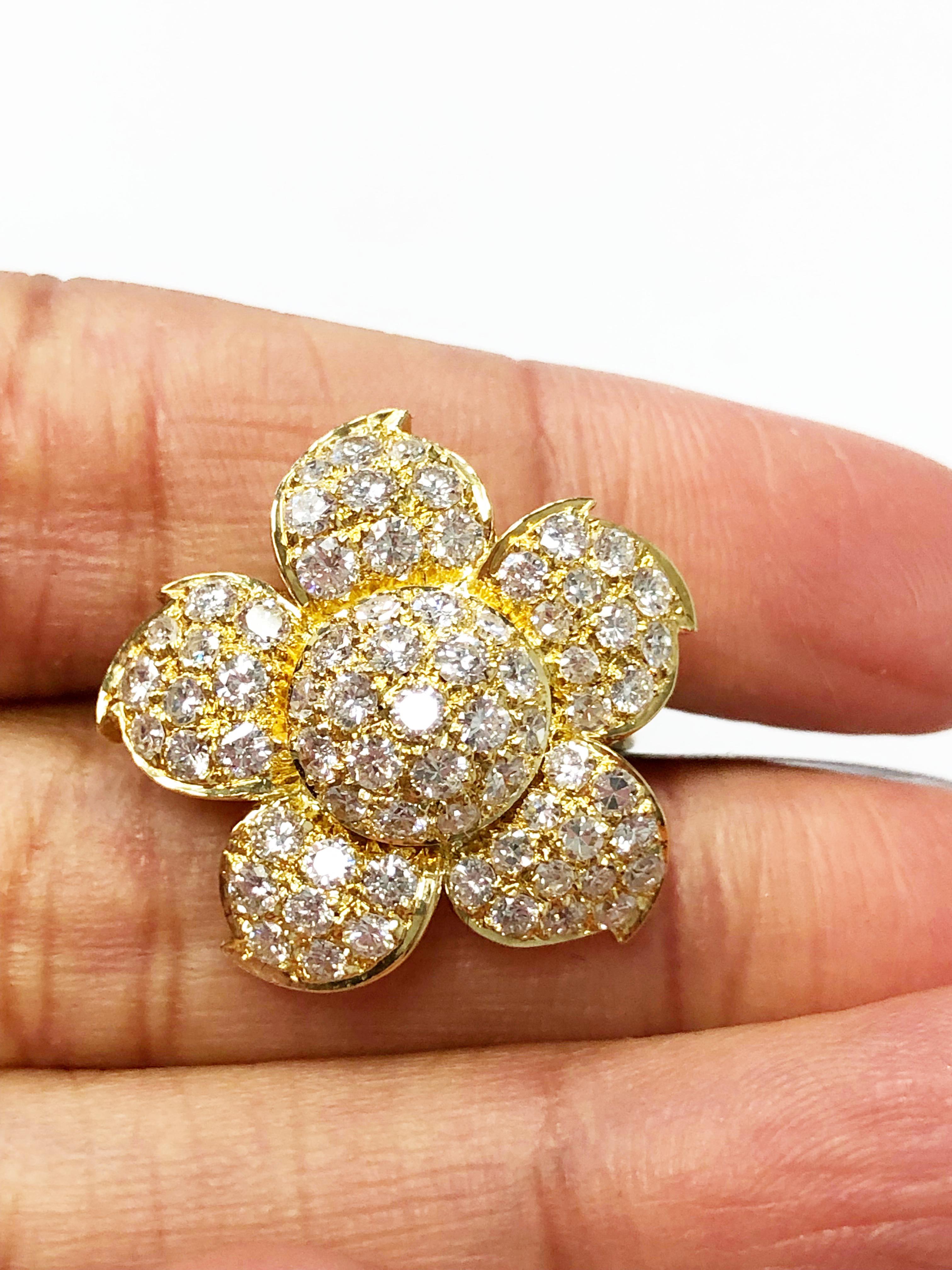 Women's or Men's Pave White Diamond Flower Cocktail Ring in 18 Karat Yellow Gold