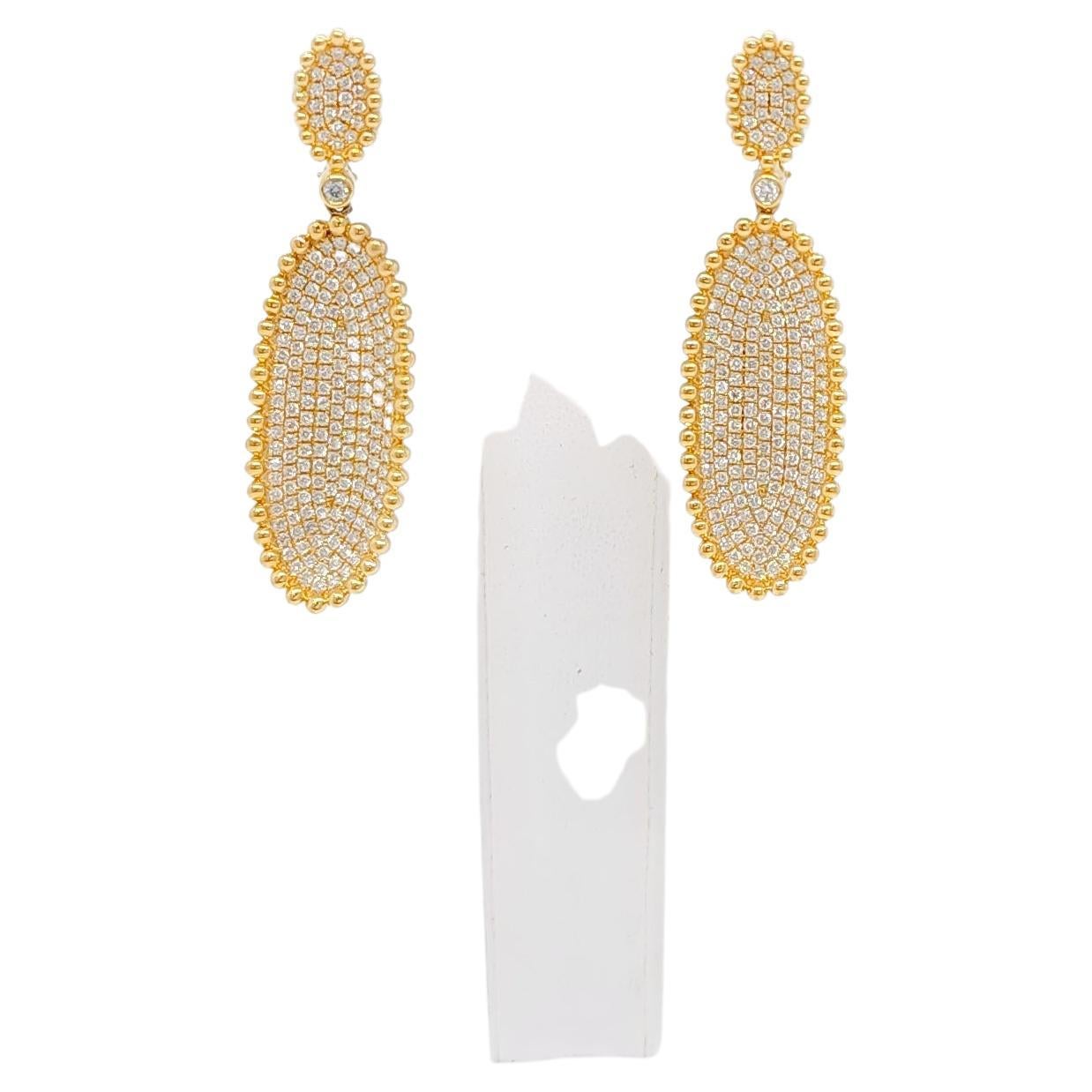 Long Dangle "Peperomia" Earrings in 18 Karat Yellow Gold with Diamond