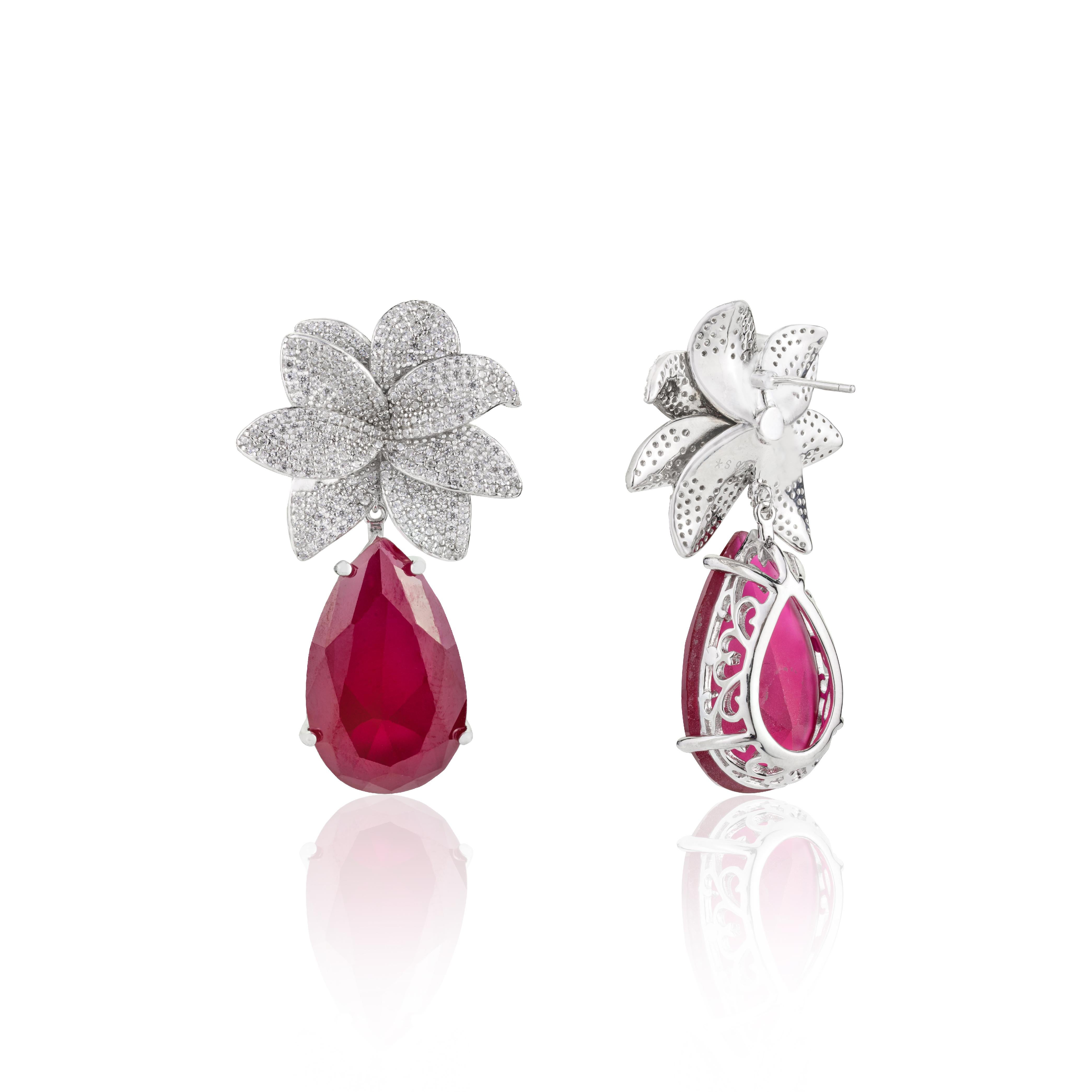 Pave Zircon Statement Flower Drop Wedding Earrings Gift in 925 Silver for Mom For Sale 1