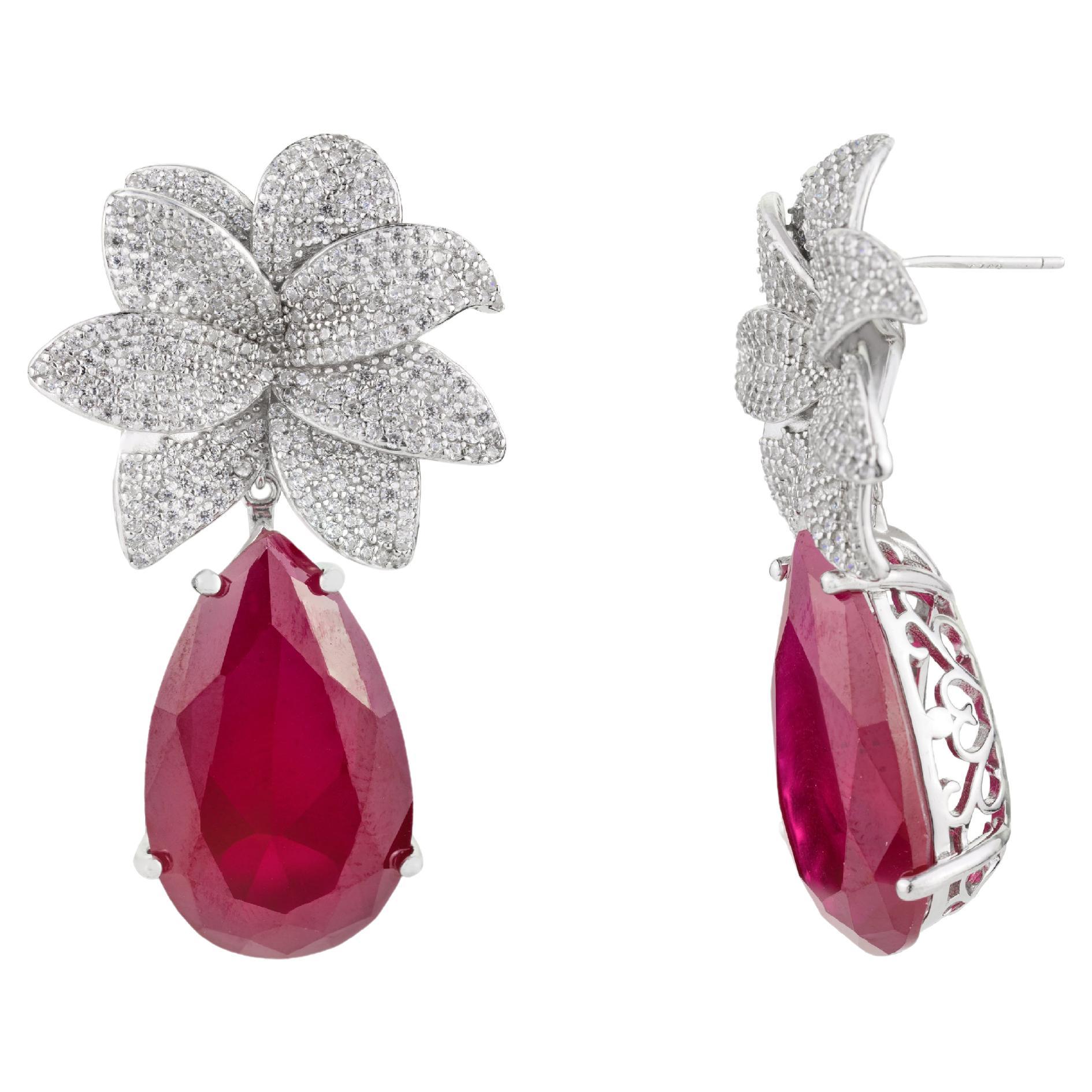 Pave Zircon Statement Flower Drop Wedding Earrings Gift in 925 Silver for Mom For Sale