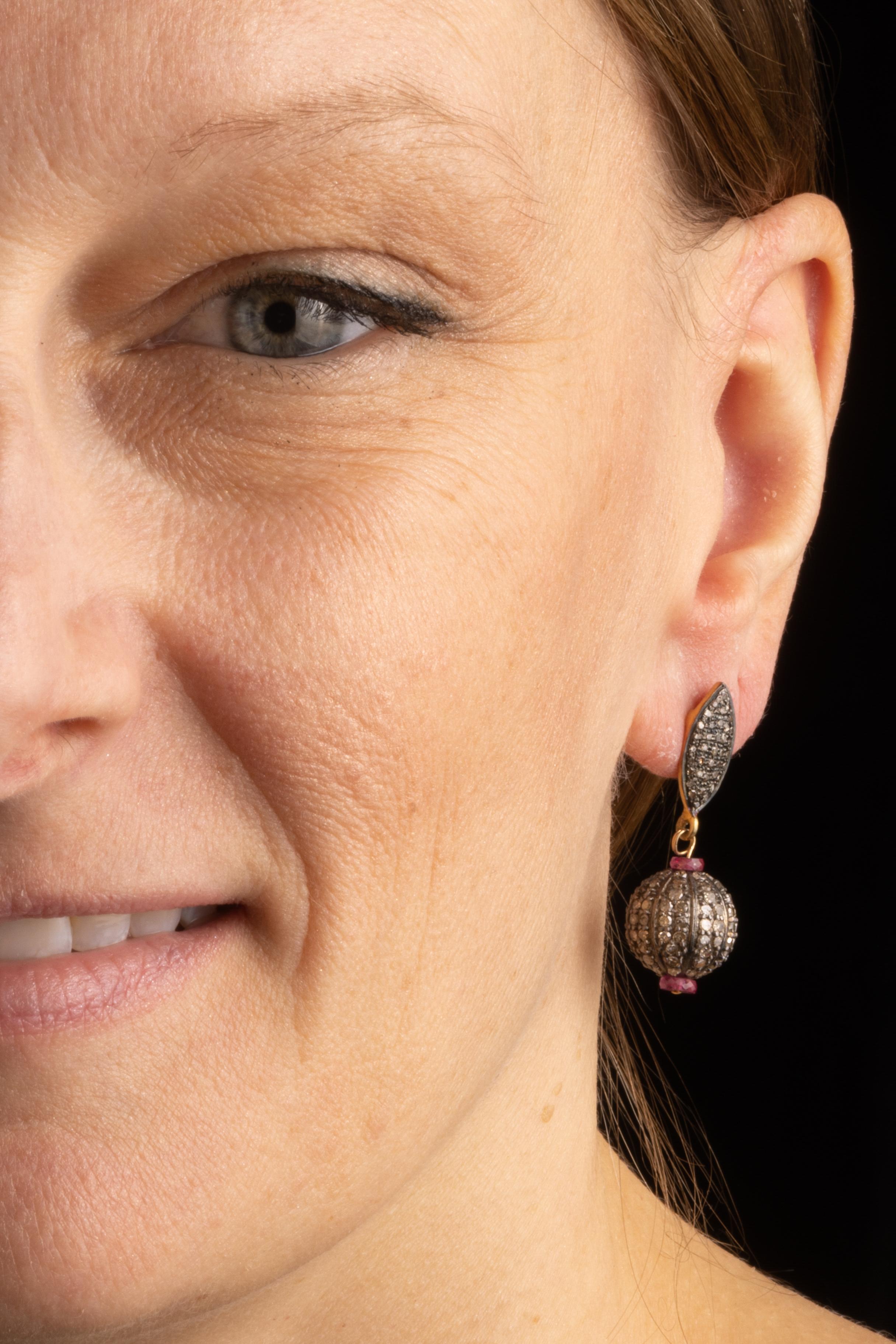 Modern Pave`Diamond and Ruby Drop Earrings For Sale