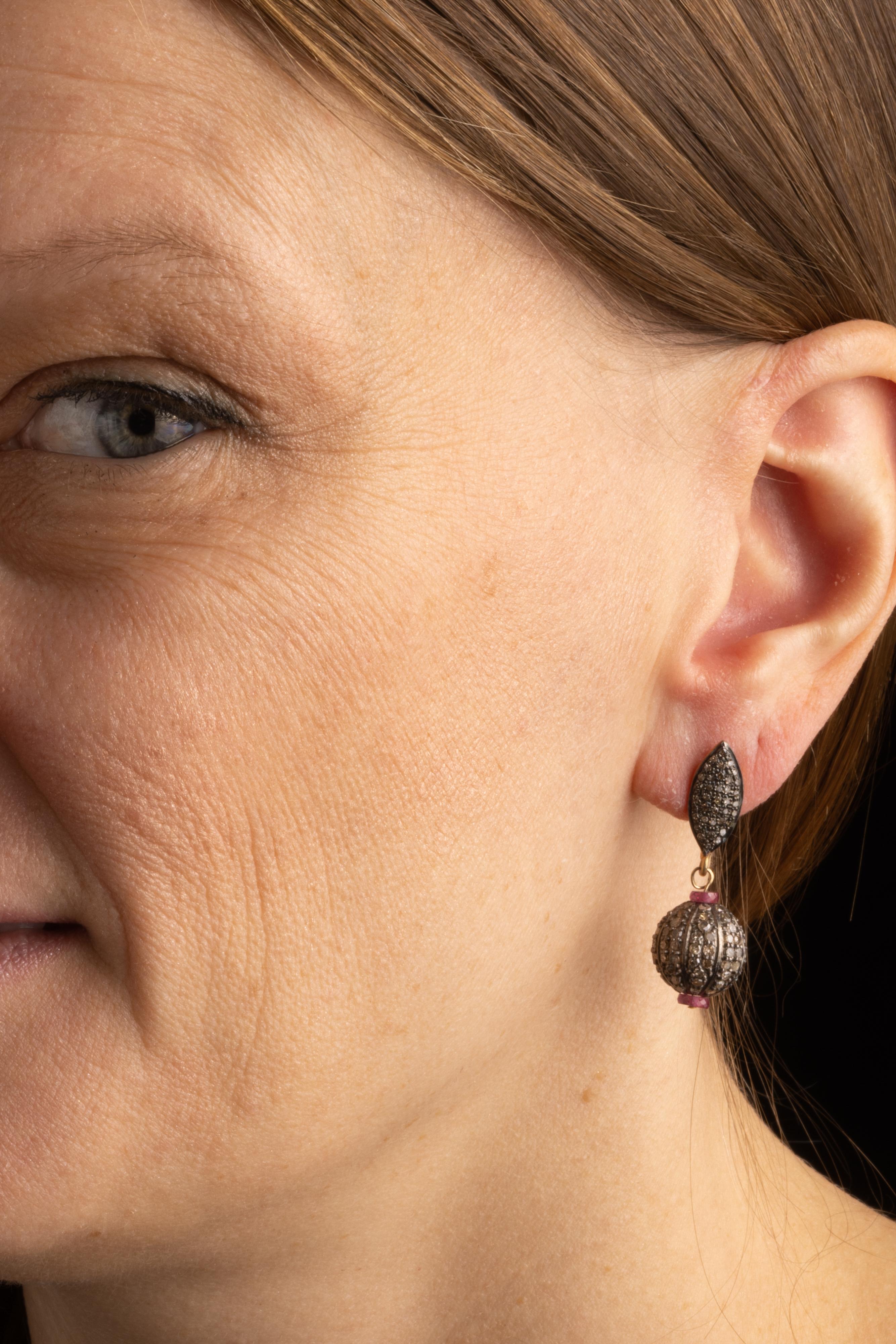 Round Cut Pave`Diamond and Ruby Drop Earrings For Sale