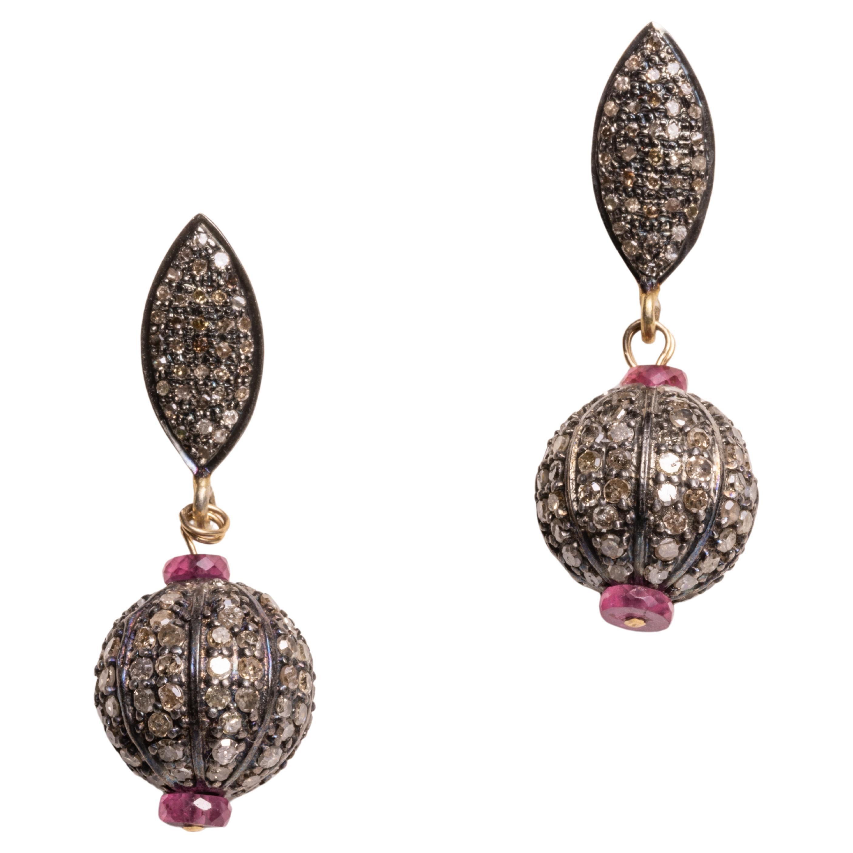 Pave`Diamond and Ruby Drop Earrings For Sale
