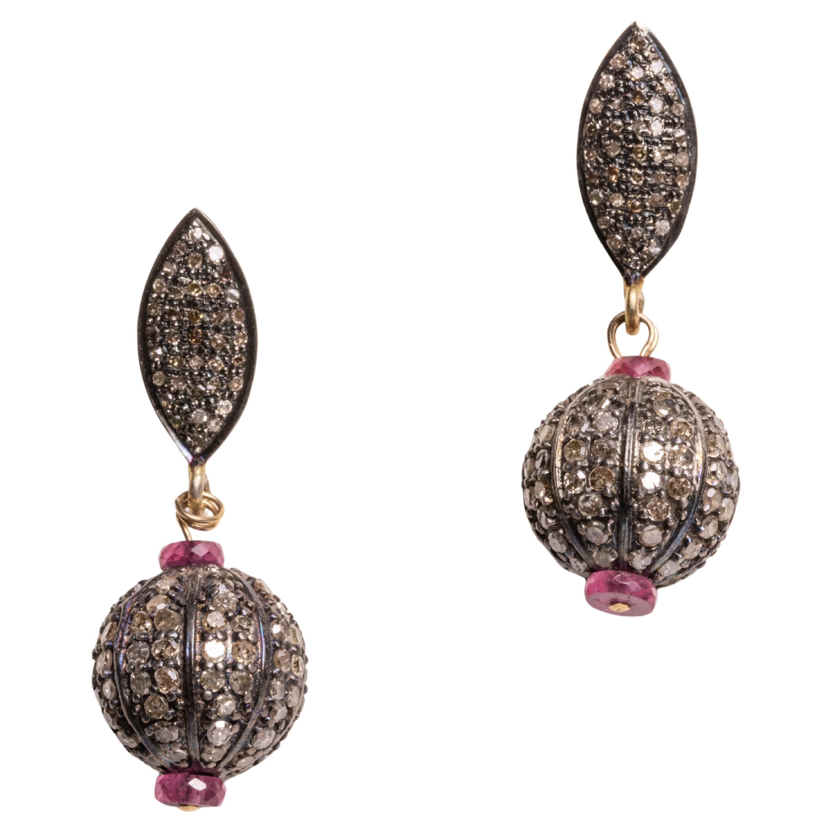 Pave`Diamond and Ruby Drop Earrings