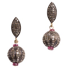 Pave`Diamond and Ruby Drop Earrings