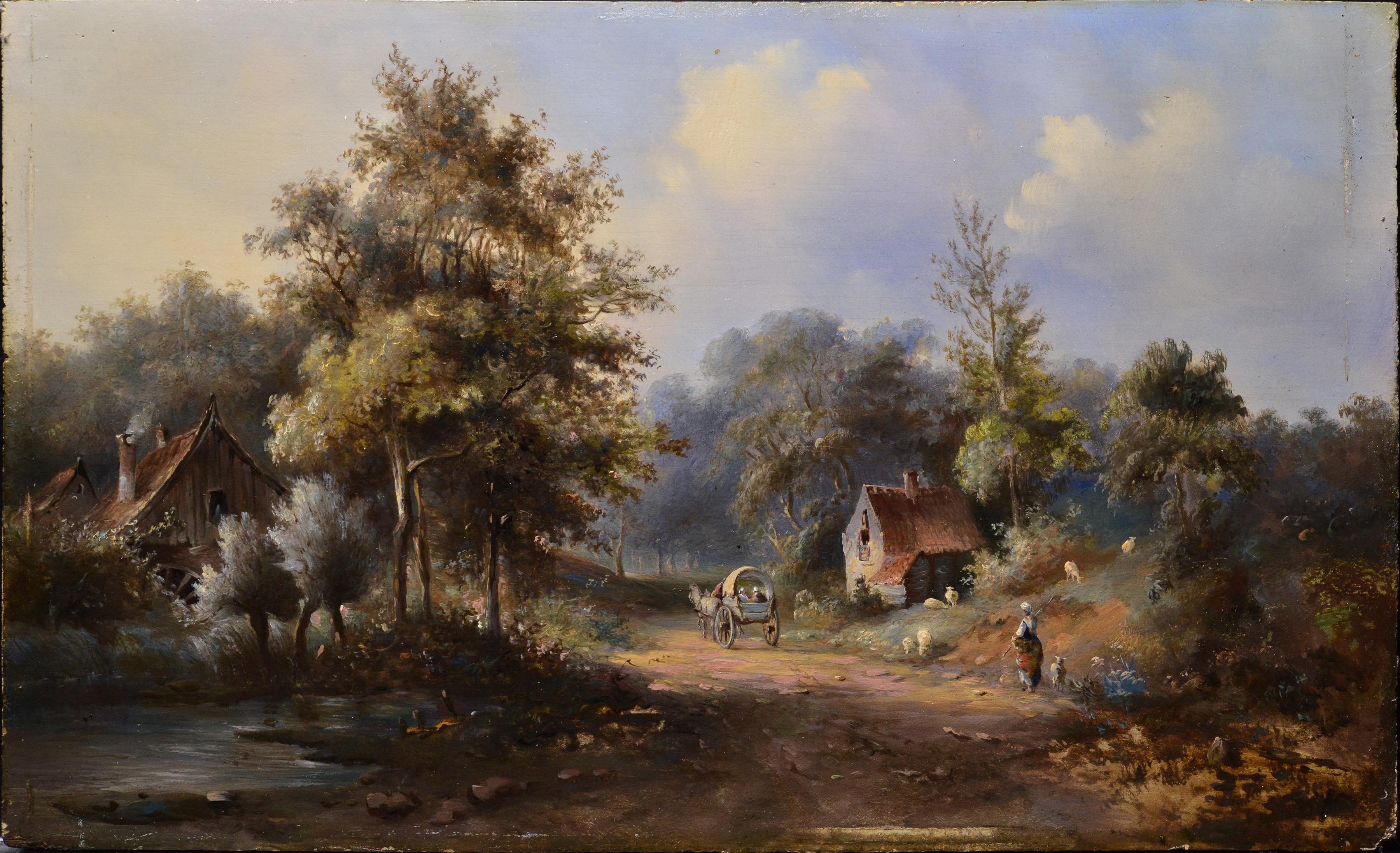 Brass plate leads to Russian artist Pavel Pavlovich Dzhogin (1834 - 1885). This 19th century oil painting beautifully captures a serene rural scene with travelers on a cart traveling along a forest road surrounded by beautiful and picturesque