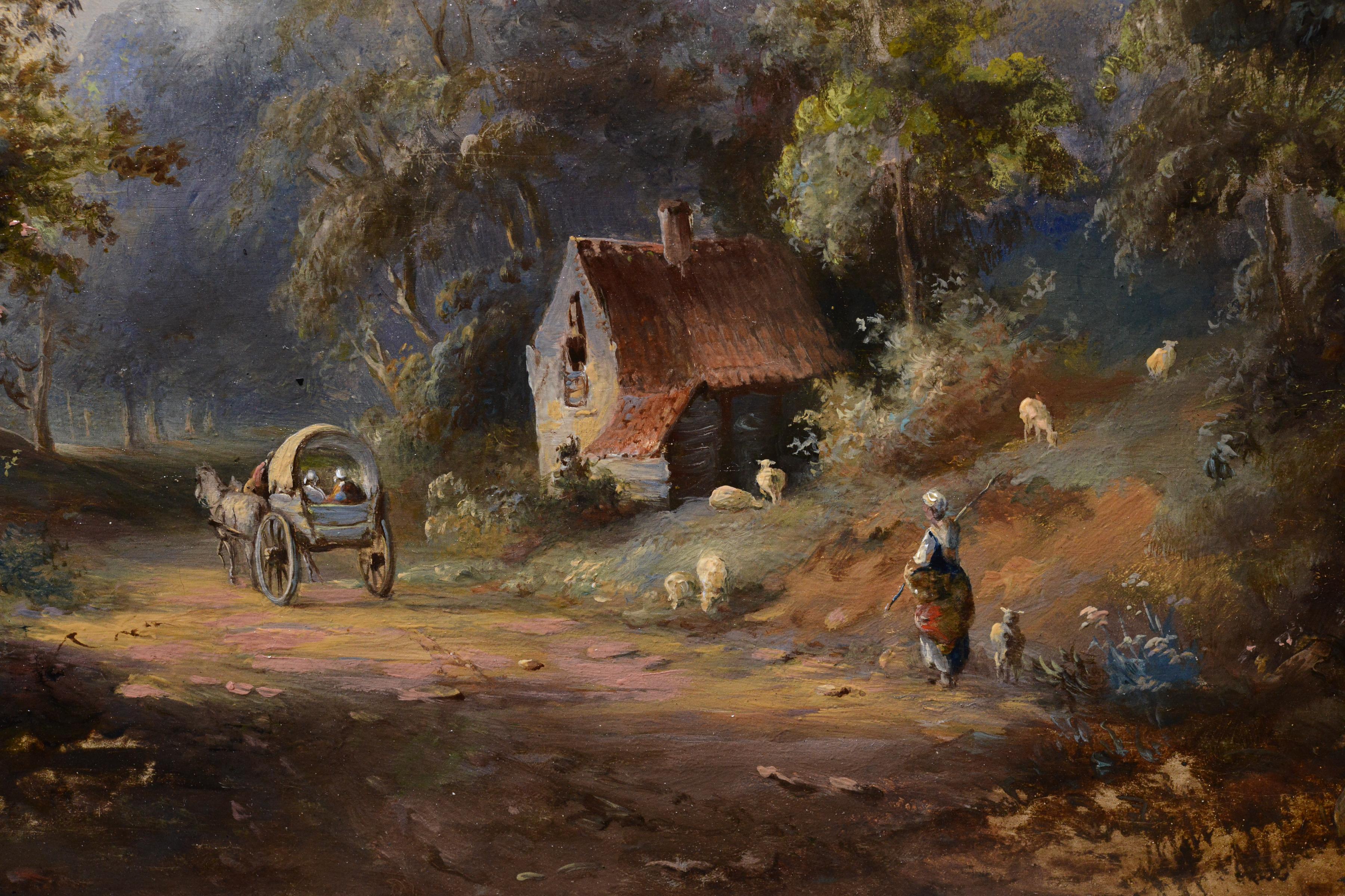 Brass plate leads to Russian artist Pavel Pavlovich Dzhogin (1834 - 1885). This 19th century oil painting beautifully captures a serene rural scene with travelers on a cart traveling along a forest road surrounded by beautiful and picturesque