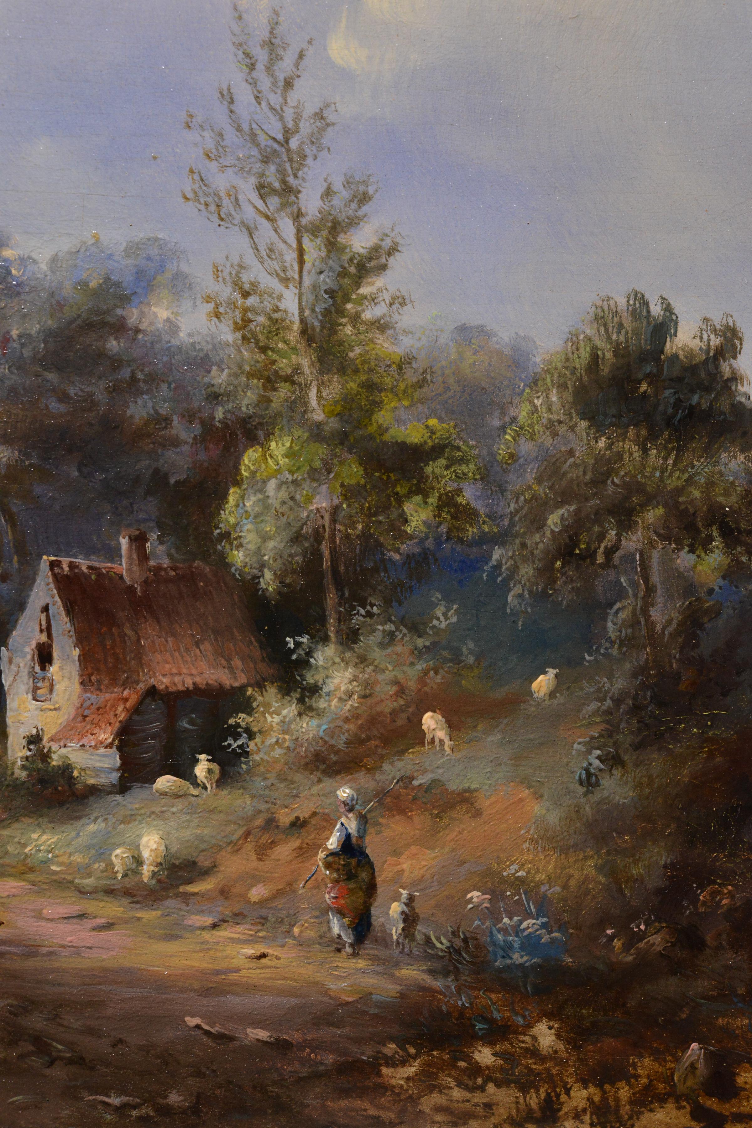 Paysage pastoral de campagne Voyageurs sur une route forestière Peinture à l'huile du 19e siècle - Marron Figurative Painting par Pavel Pavlovich Dzhogin