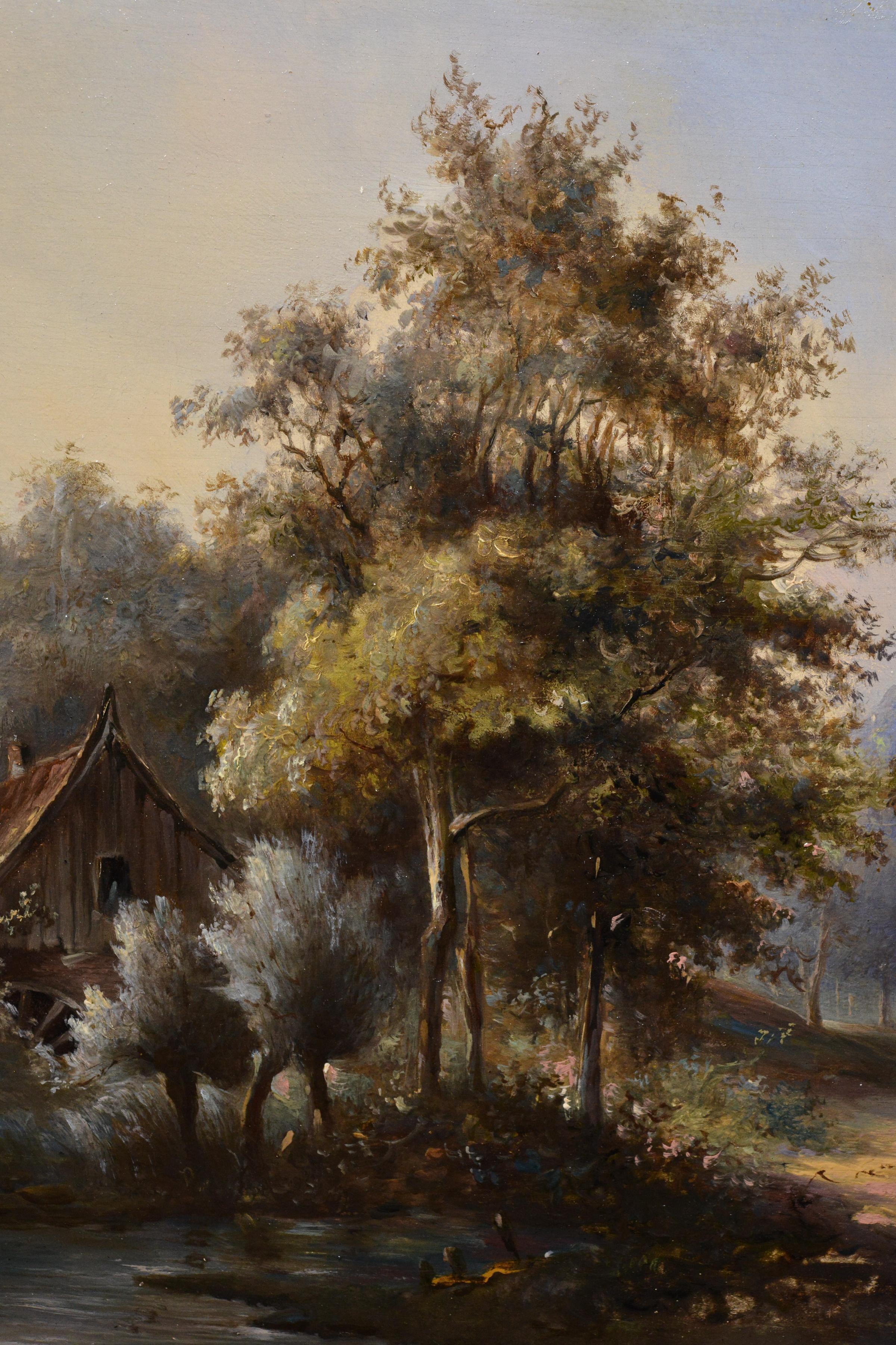 Messingplatte führt zum russischen Künstler Pavel Pavlovich Dzhogin (1834 - 1885). Dieses Ölgemälde aus dem 19. Jahrhundert zeigt eine heitere ländliche Szene mit Reisenden auf einem Karren, die einen Waldweg entlangfahren, umgeben von einer schönen
