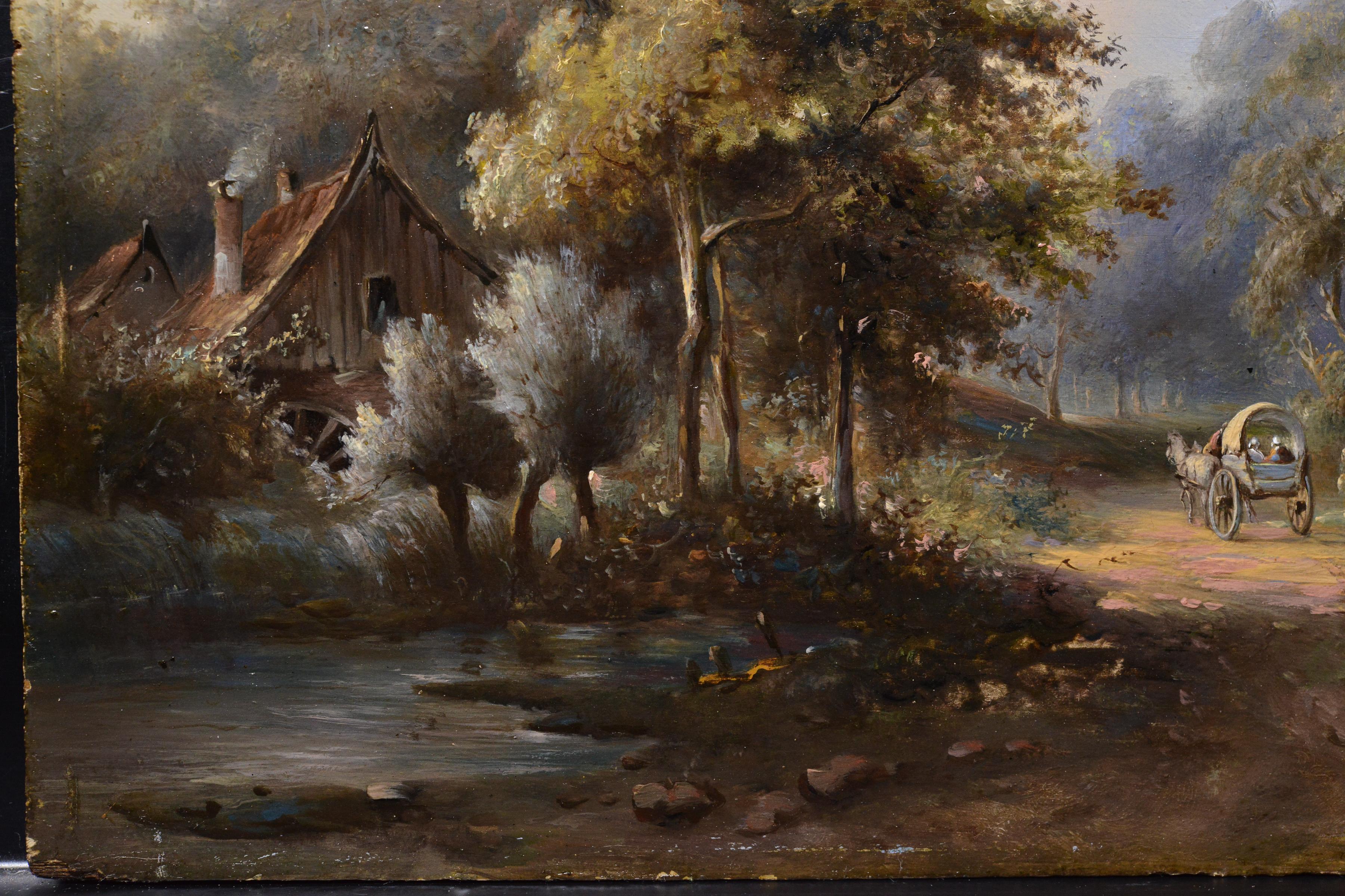 Paysage pastoral de campagne Voyageurs sur une route forestière Peinture à l'huile du 19e siècle en vente 1