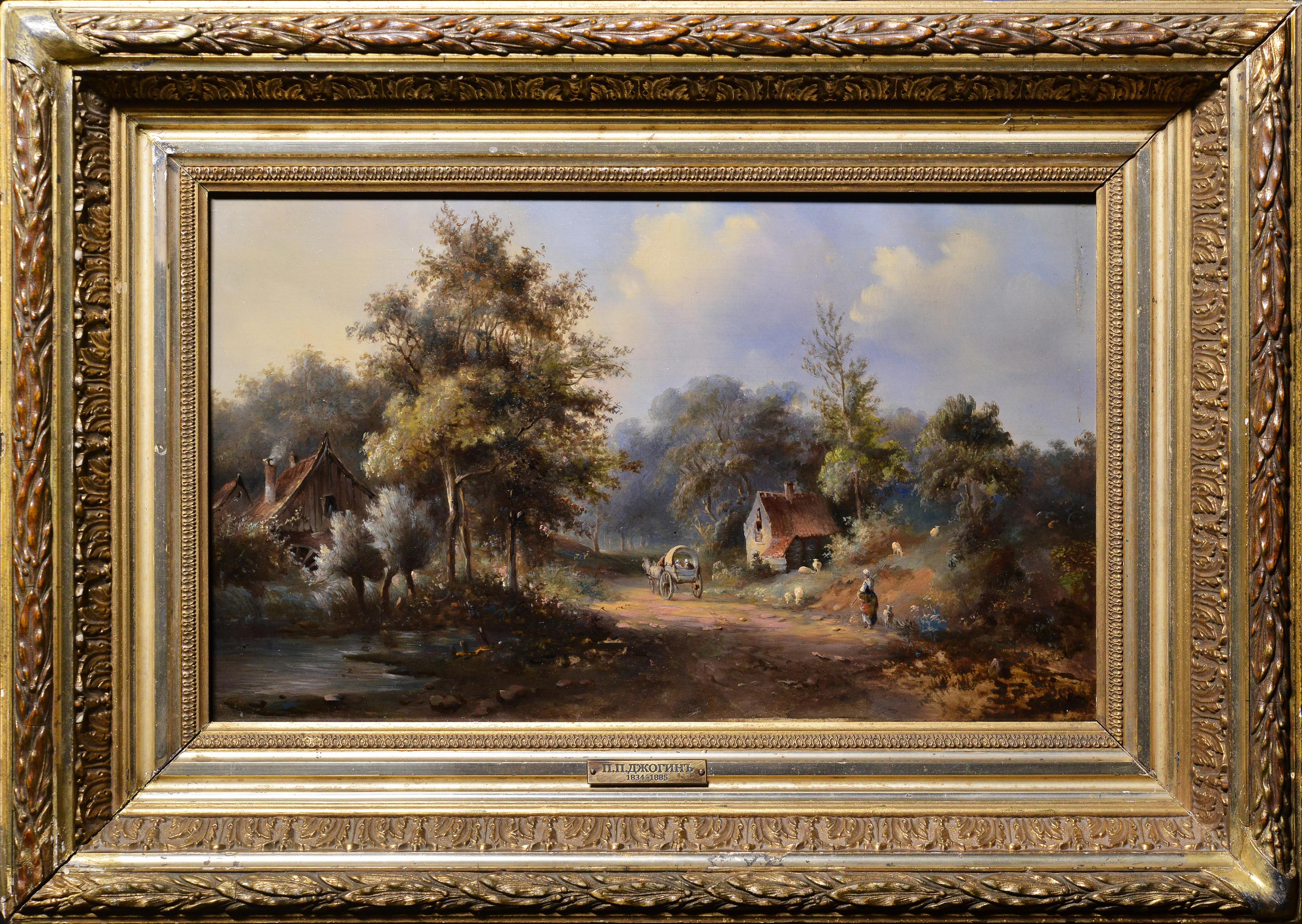 Pavel Pavlovich Dzhogin Figurative Painting – Pastoral Country Landscape Reisende auf einer Waldstraße, Ölgemälde, 19. Jahrhundert