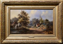 Paysage pastoral de campagne Voyageurs sur une route forestière Peinture à l'huile du 19e siècle