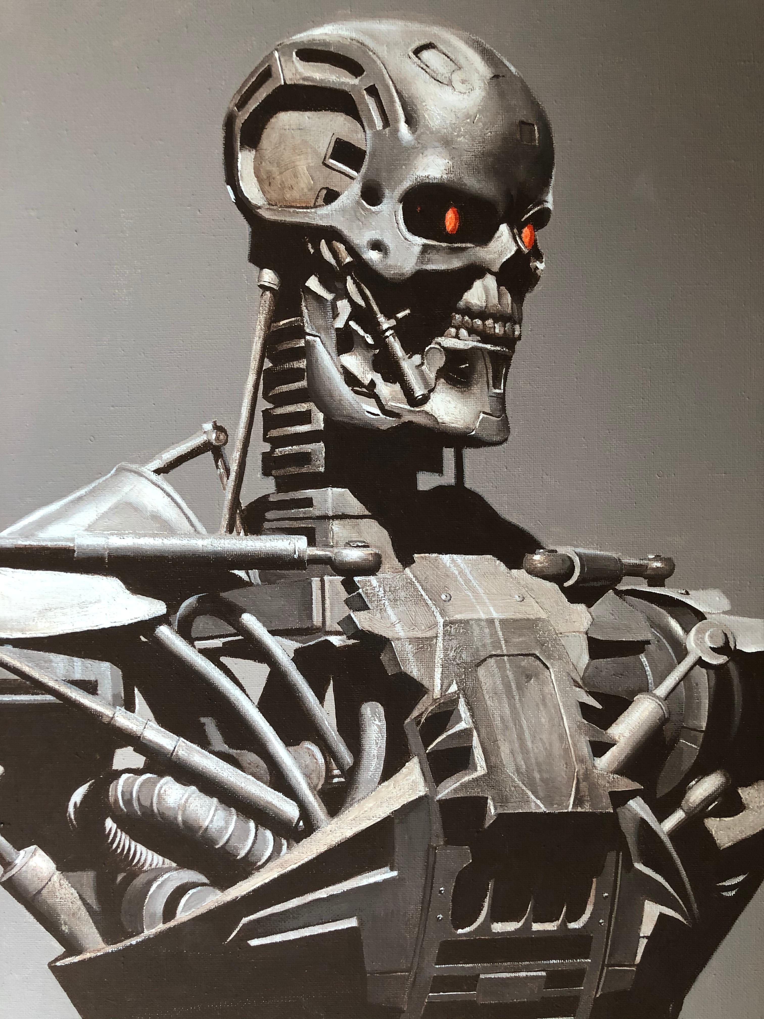 Der Terminator - Innenarchitektur, in Grau, Sepia, Weiß, Schwarz, Rot und Rosa gehalten – Painting von Pavel Polanski