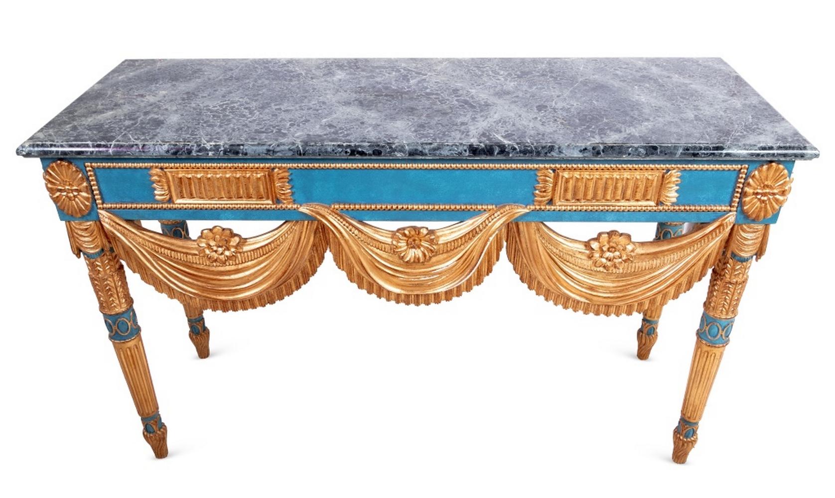 Russian Gilt and Blue Painted Faux Marble Top Console Table, in the 18th century style of the workshop of Pavel Spol, the rectangular molded faux marble top above a paneled frieze, suspended with drapery on leaf capped fluted tapering legs. 38.5