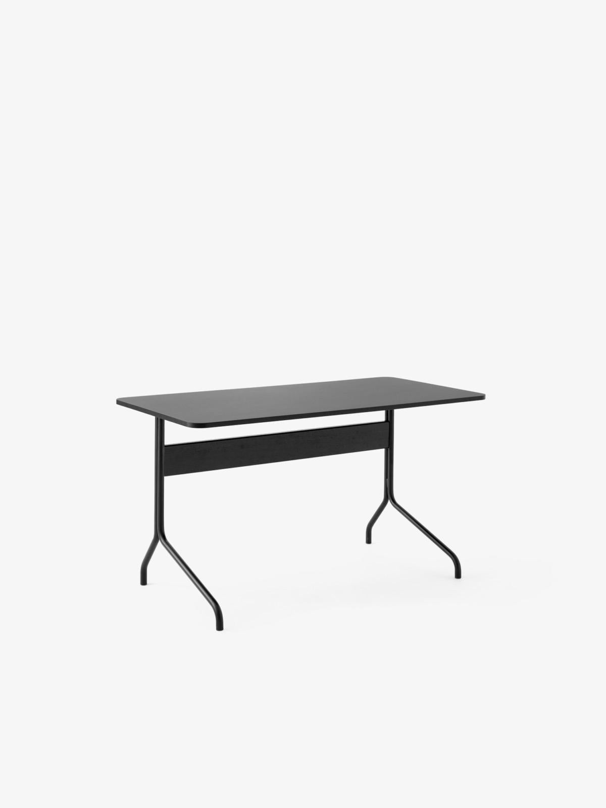 A light and lyrical aesthetic compact desk intended to suit both office and home spaces. 
The Pavilion desk is made of a tabletop laminated with linoleum and veneered edges. 
The legs are made from bent steel tubes.

Tabletop finishes
Black