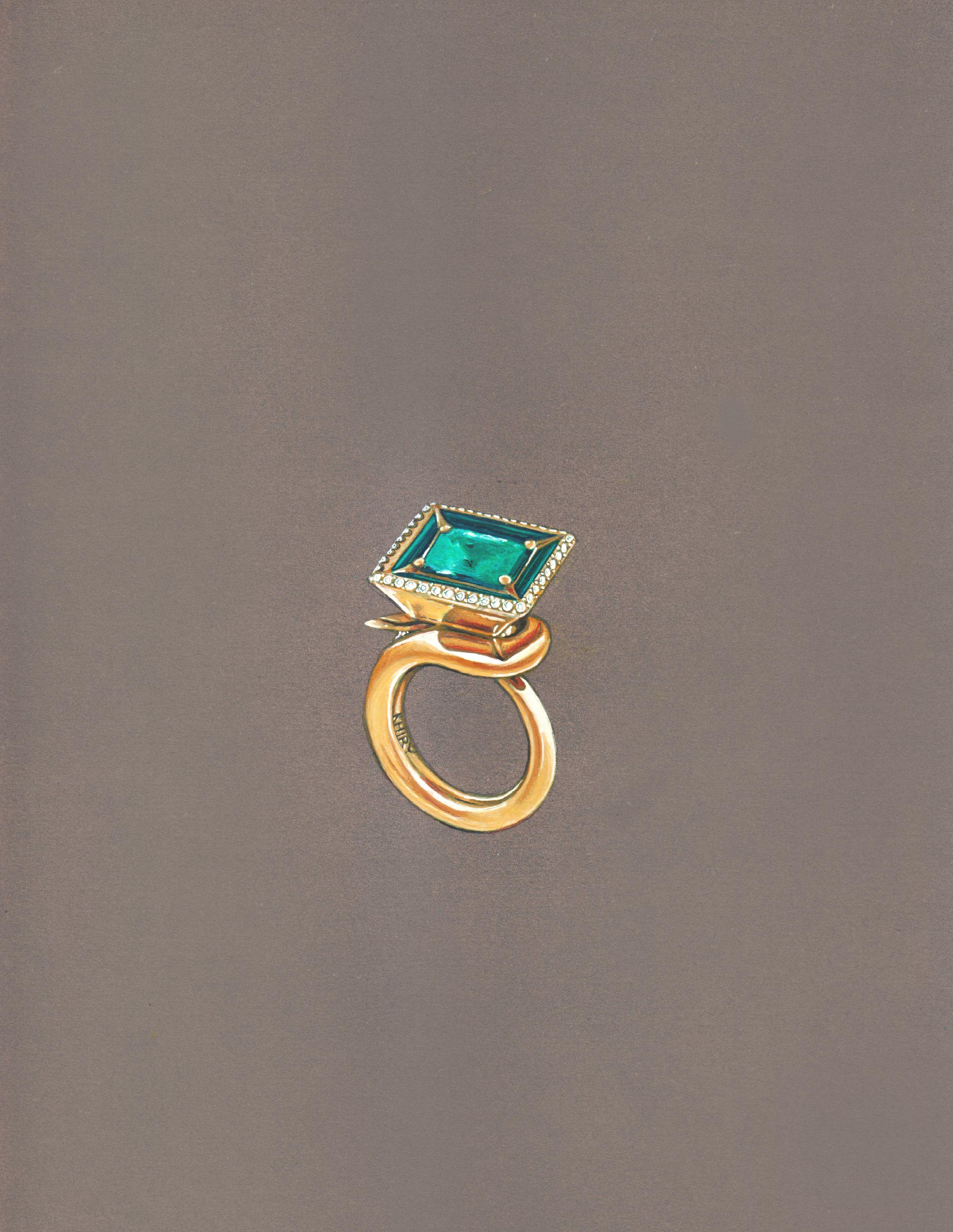 Pavilion Ring in 18k Gold with Emerald, Diamond Trim & Malachite Inlay For Sale 1