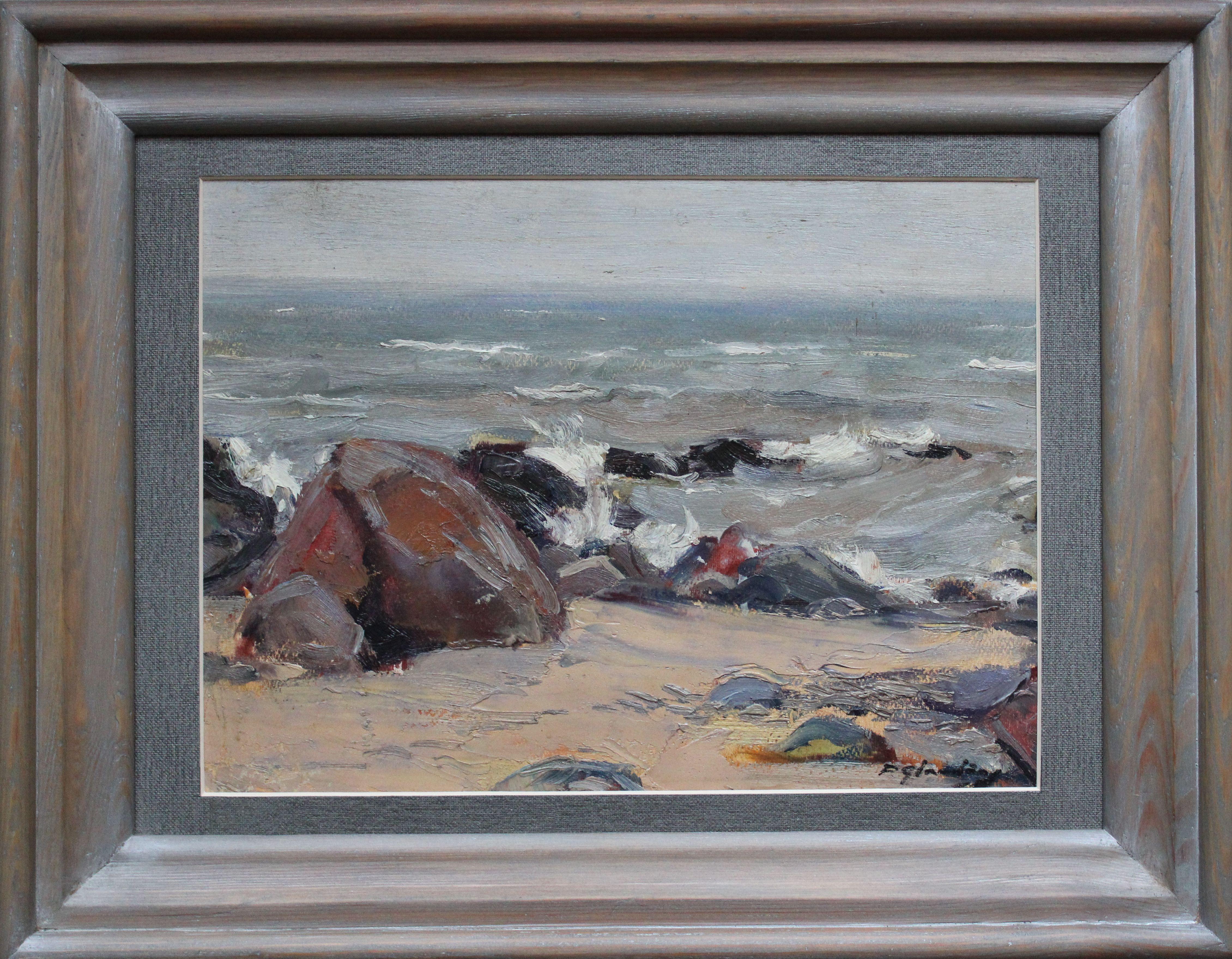 Mer. Cardboard, huile, 29,5x39,5 cm - Réalisme Painting par Pavils Glaudans
