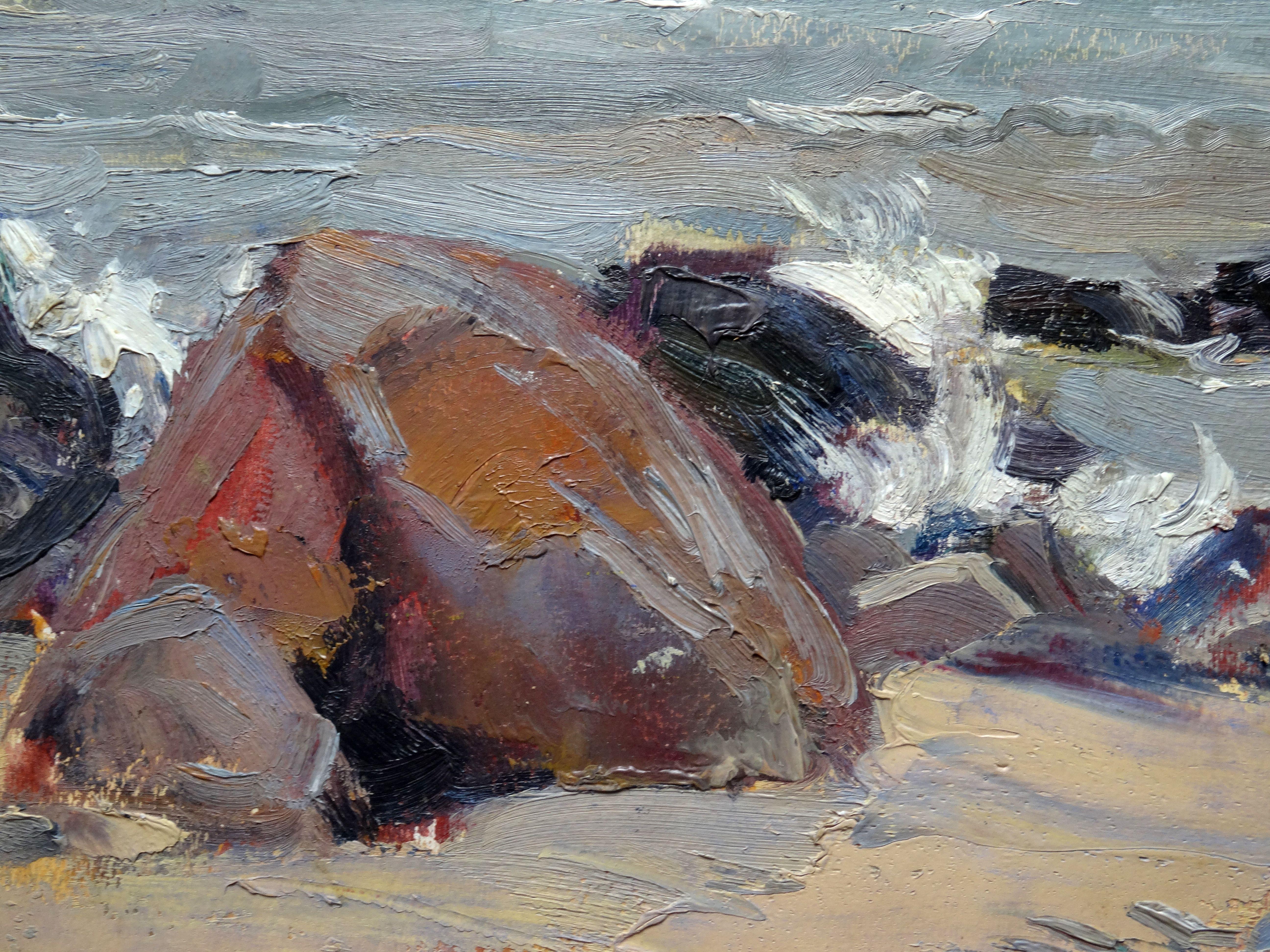 Mer. Cardboard, huile, 29,5x39,5 cm - Gris Landscape Painting par Pavils Glaudans