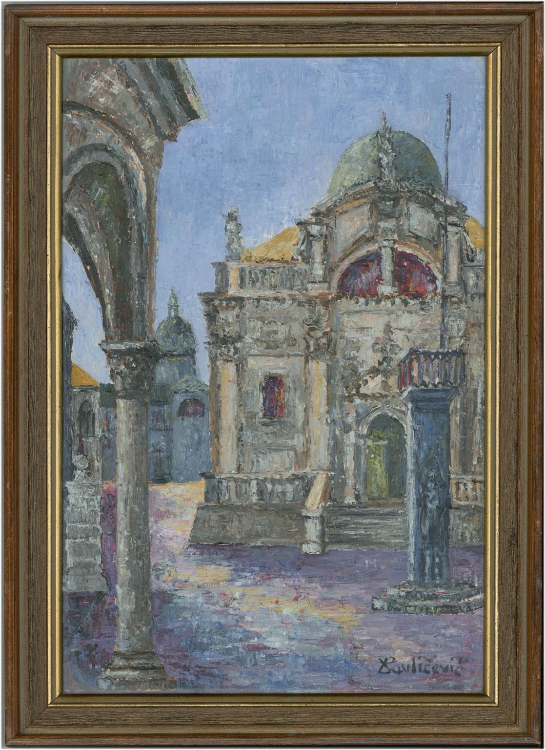 An oil on card painting depicting a view of a courtyard with a church and other buildings. Presented in a distressed frame with a wood and gilt finish. Signed.