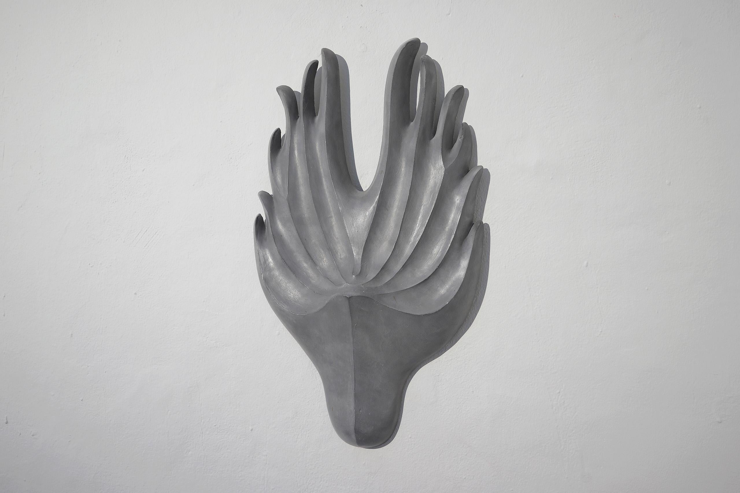 Mask I by Pavlína Kvita - Contemporary wall sculpture, futuristic figure, grey