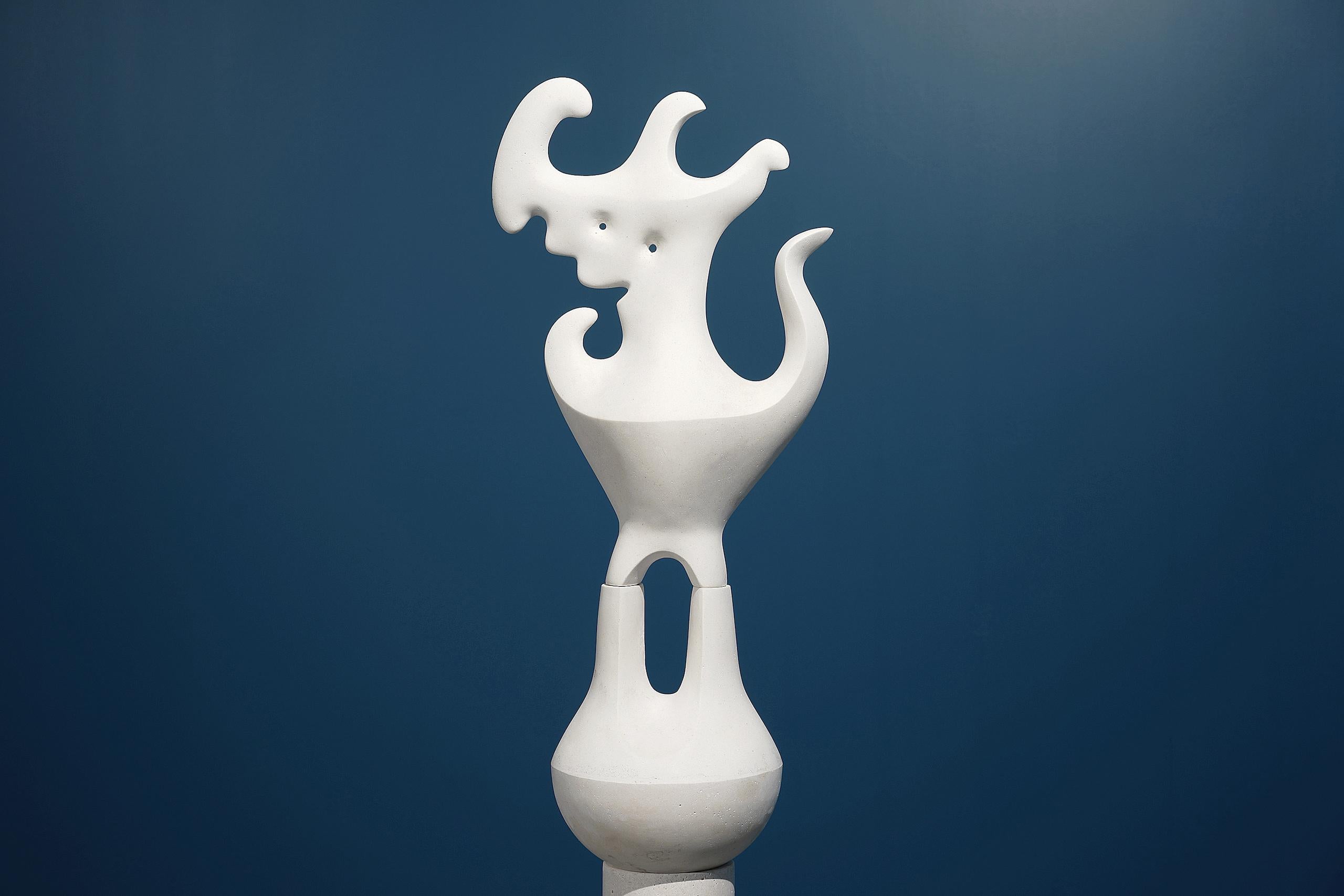 White Amphora is a unique polished artificial stone sculpture by contemporary artist Pavlína Kvita, dimensions including brass base are 165 cm × 50 cm × 50 cm (65 × 19.7 × 19.7 in). The sculpture is signed and comes with a certificate of