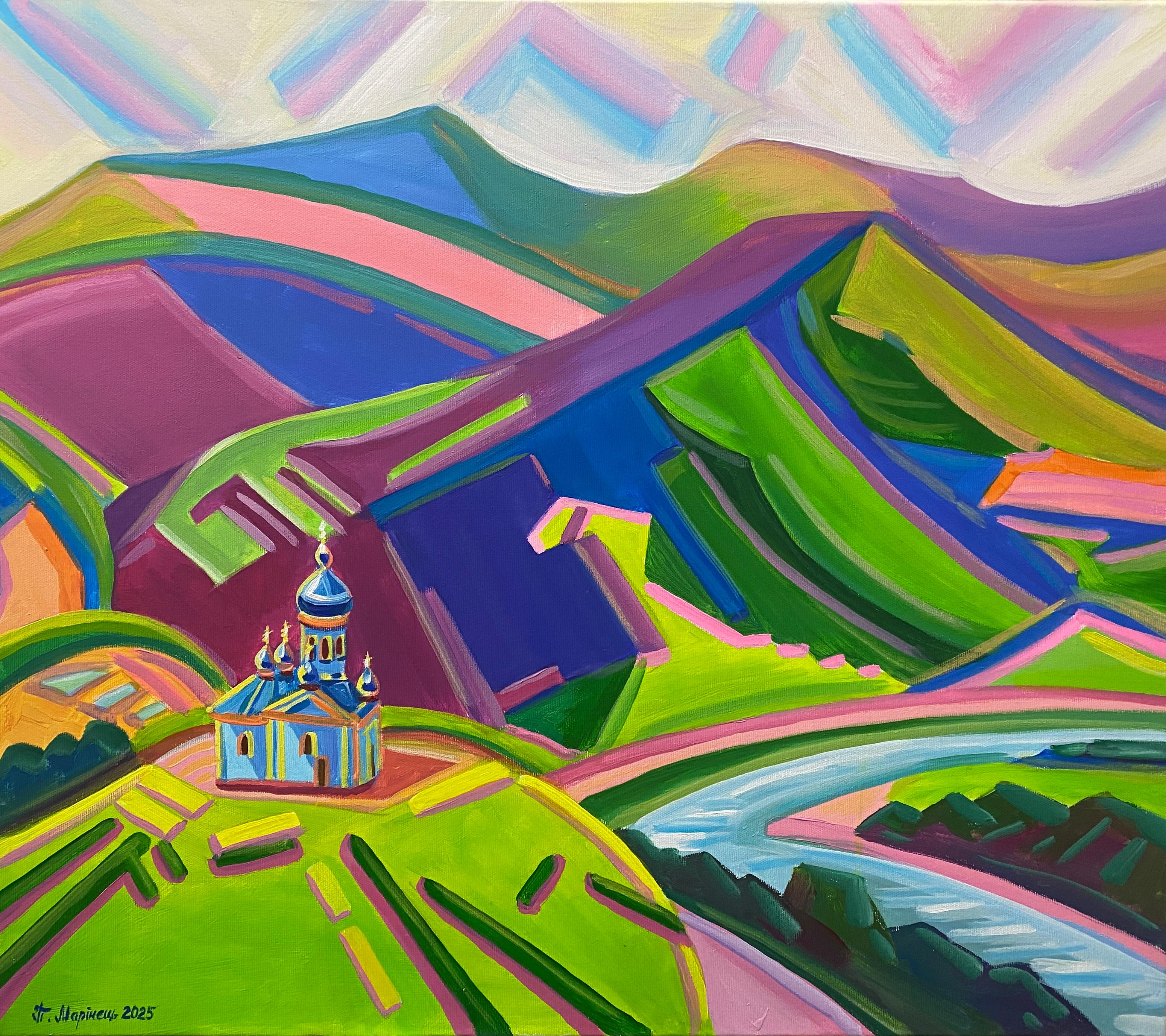 Pavlo Marinets Landscape Painting - "Church on the Cliff"