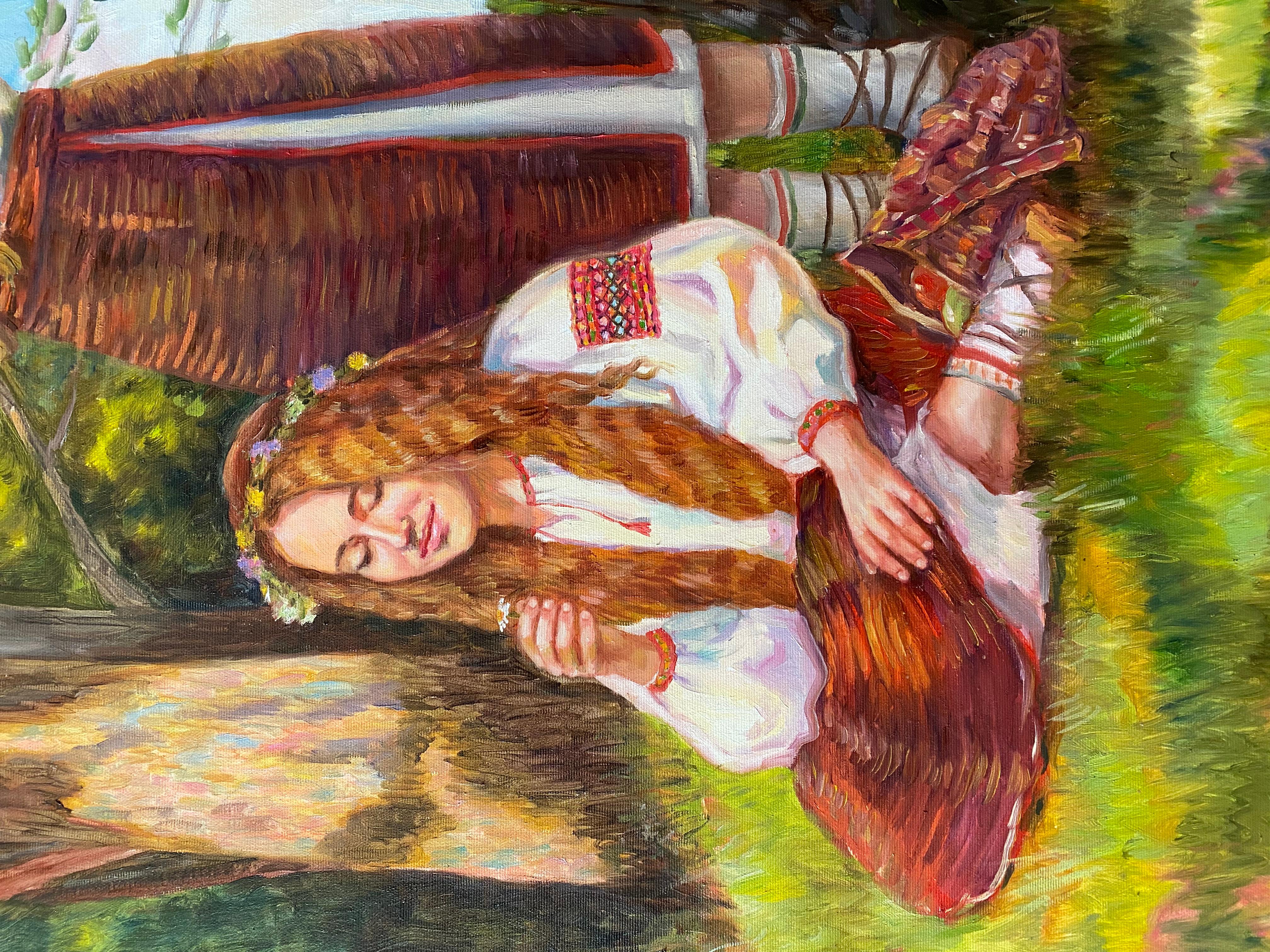 The image of Hutsul girls on a clear summer day. Conveying the positive mood and character of each person depicted in the picture. The study of folk clothes and the use of traditional colors characteristic of the Transcarpathian school of painting.