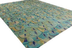 'Pavoral, Teal' Hand-Knotted Tibetan Rug Made in Nepal by New Moon Rugs