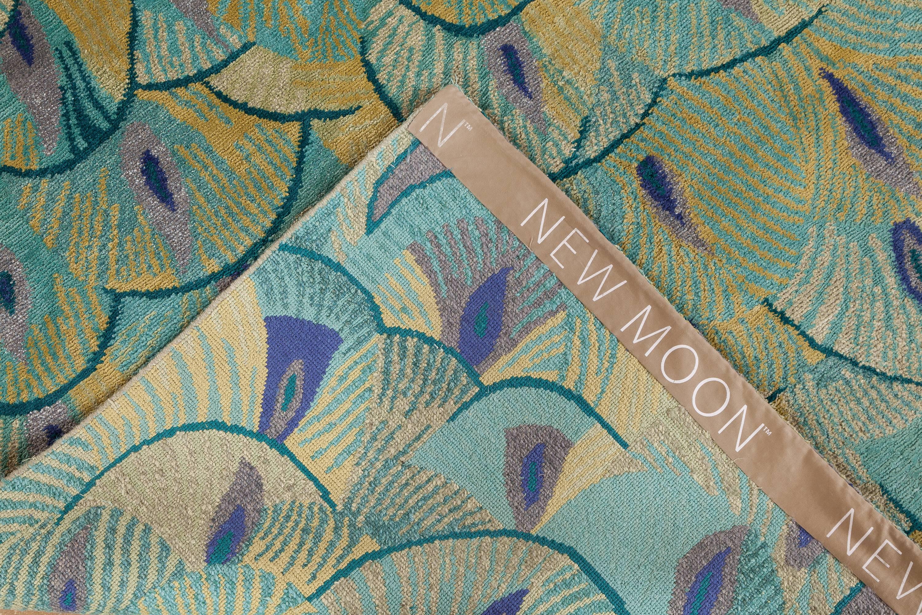 Modern 'Pavoral, Teal' Hand-Knotted Tibetan Rug Made in Nepal by New Moon Rugs For Sale