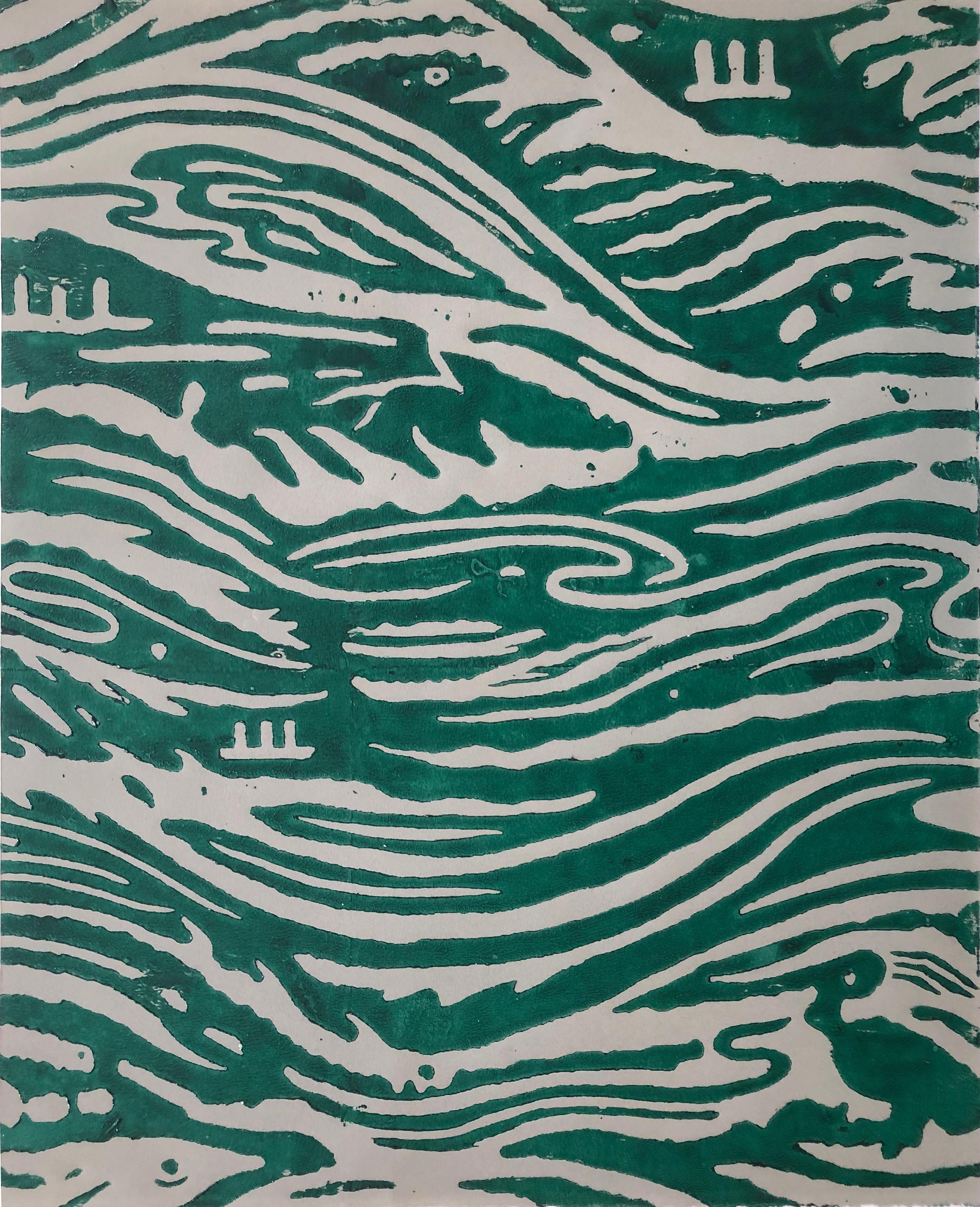 Stormy  Waters Deep green on pale green 24  (silkscreen print) - Print by Pavy Art and Design
