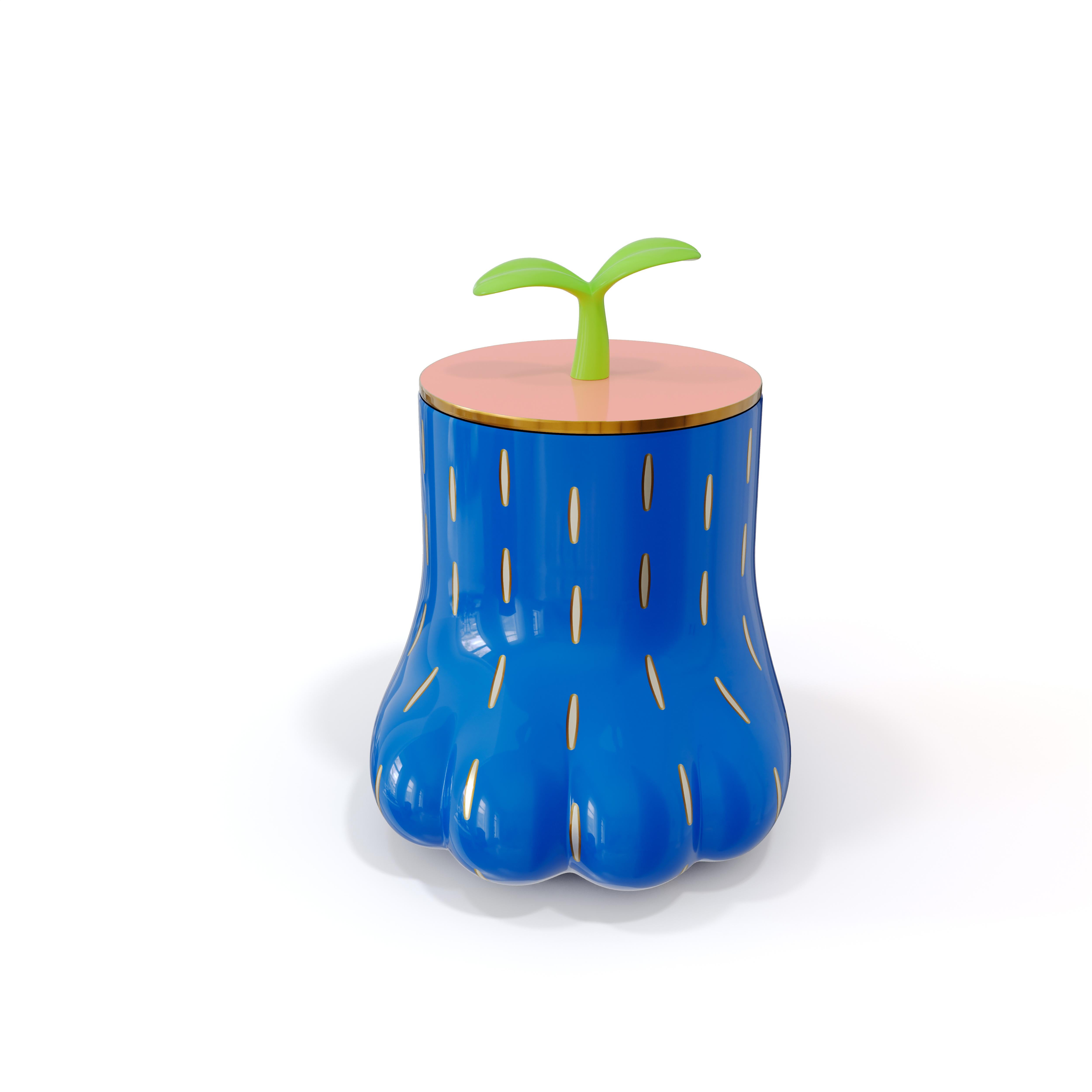 Paw Jar is a delightful object from the Forest collection. It has intricate brass and resin inlay in blue and pink, with an endearing leafy lid.

For his debut creations, Marcantonio introduced “Vegetal Animal”, a concept that evokes strong