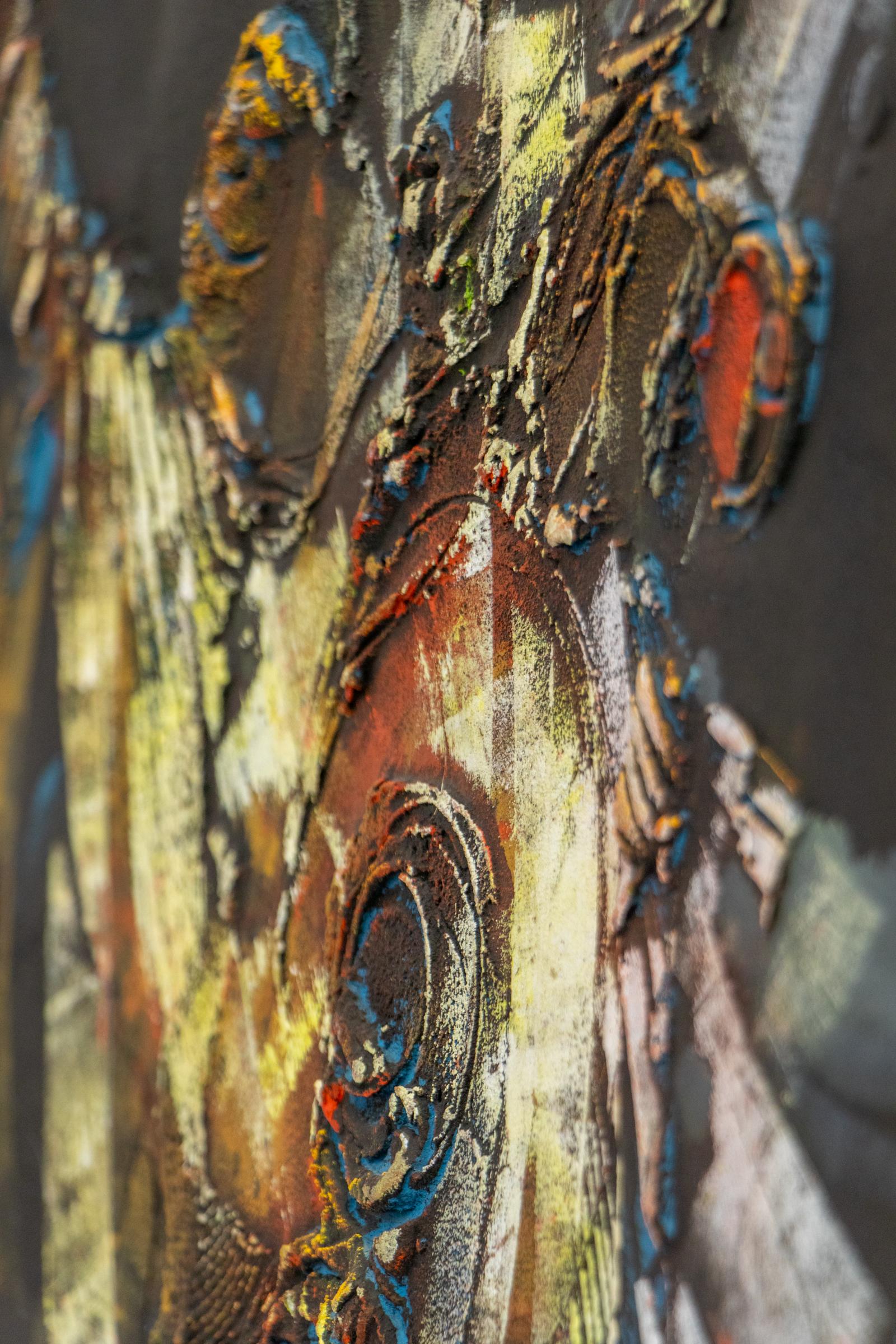 Questo splendido quadro astratto originale, intitolato Abstract Dancer, è stato creato dal famoso artista Pawel Kontny (noto anche come Paul Kontny) negli anni 1960-1970. Utilizzando una combinazione unica di mezzi misti, tra cui polvere di marmo,