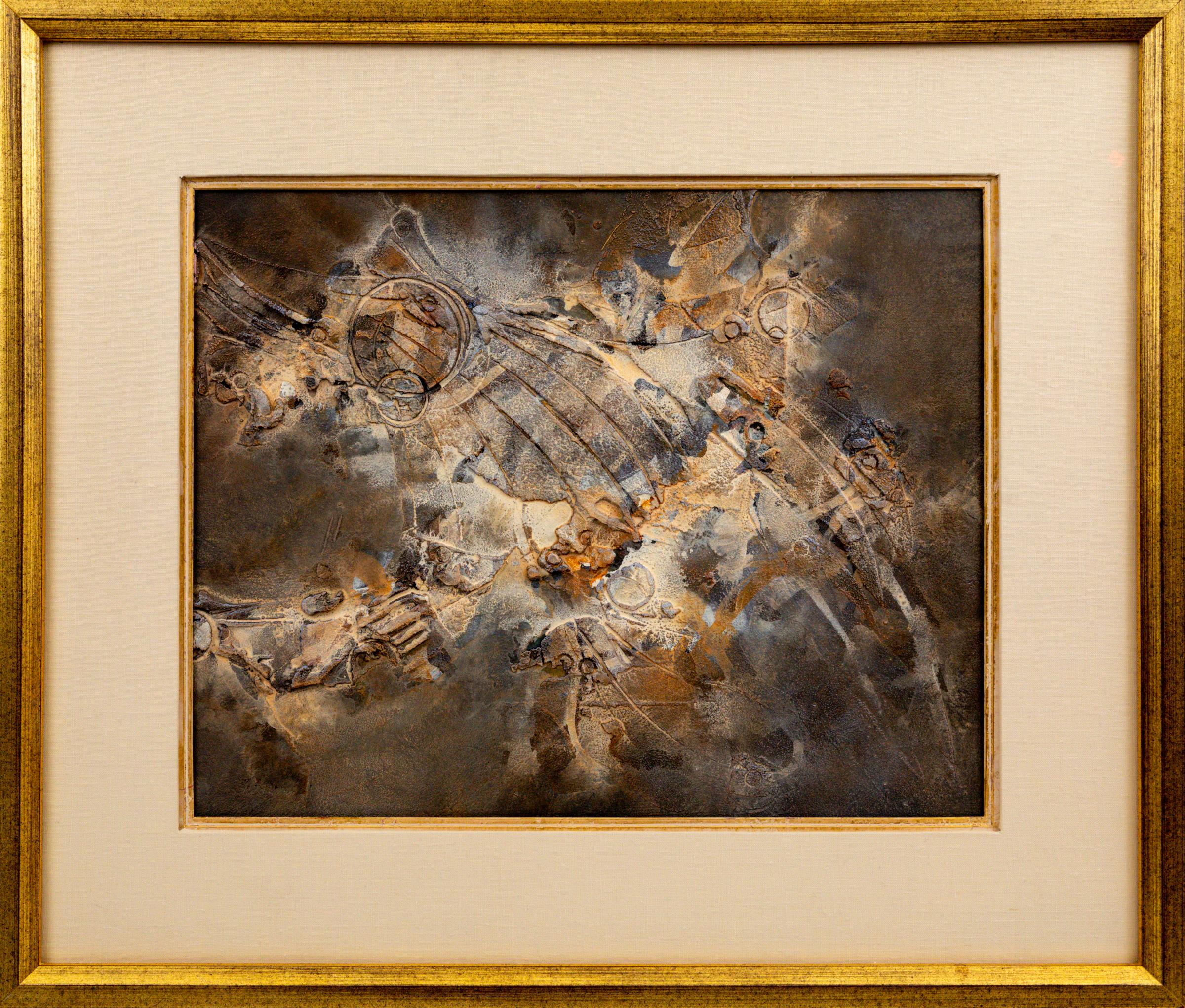 Cosmos, opera d'arte mista astratta di metà secolo del 1960 nei toni del marrone e del blu - Painting di Pawel Kontny