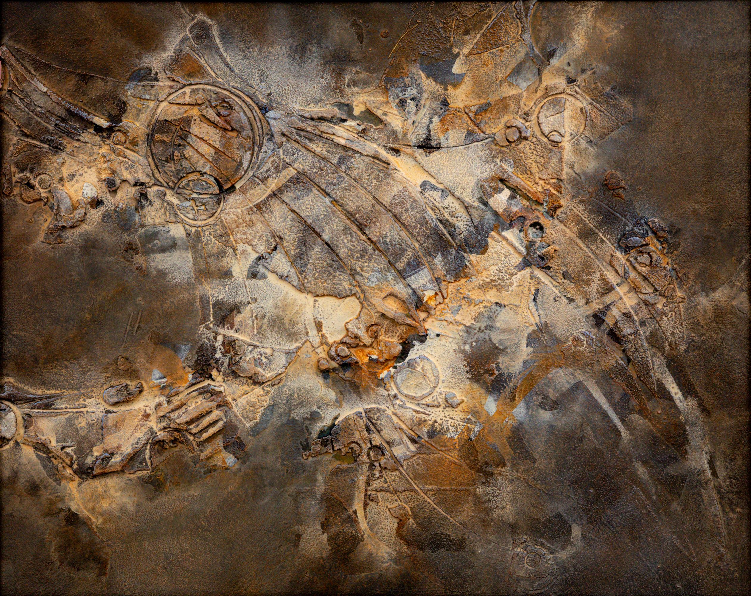 Pawel Kontny Abstract Painting - Cosmos, 1960s Mid-Century Abstract Mixed Media Art in Brown and Blue Tones