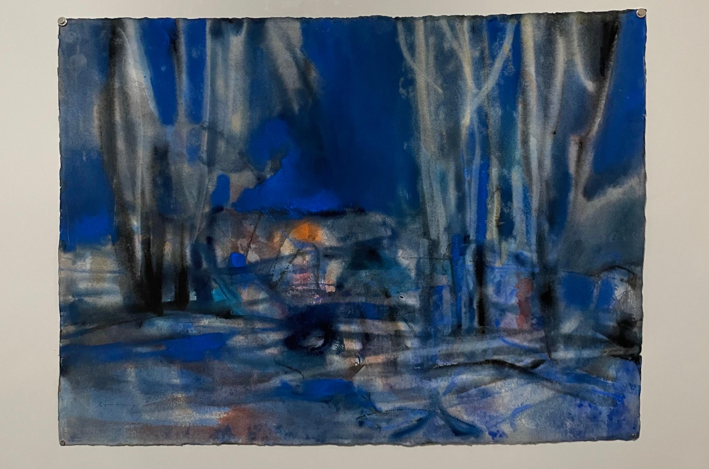 Grande peinture à la gouache expressionniste abstraite moderniste Bauhaus Weimar Artistics - Bleu Abstract Drawing par Pawel Kontny