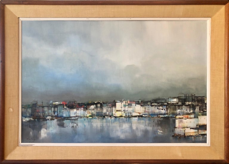 Modernist Colorado Oil Painting Abstract Cityscape Harbor Scene Pawel Kontny For Sale 1