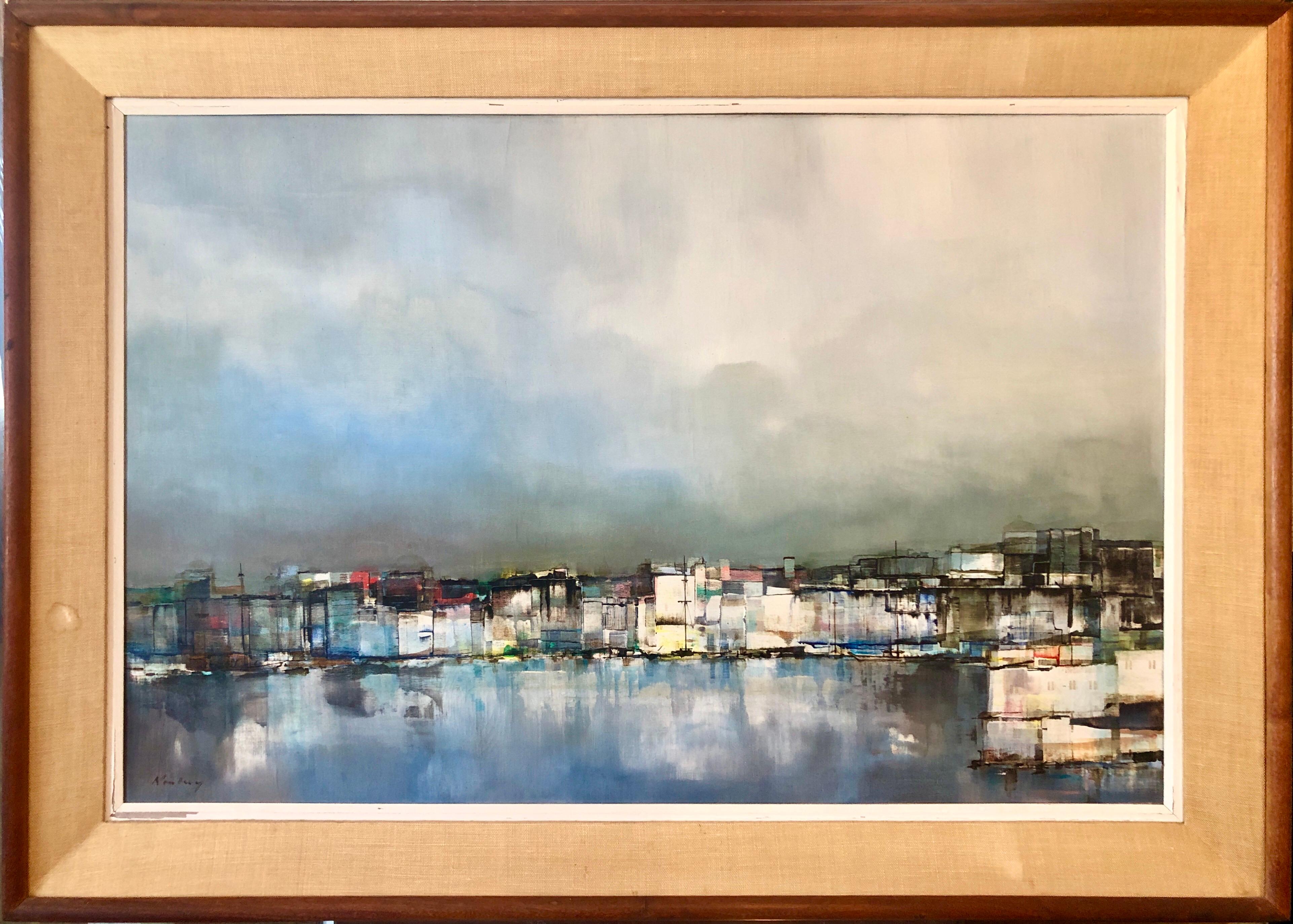 Modernist Colorado Oil Painting Abstract Cityscape Harbor Scene Pawel Kontny For Sale 4