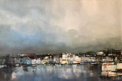 Modernist Colorado Oil Painting Abstract Cityscape Harbor Scene Pawel Kontny