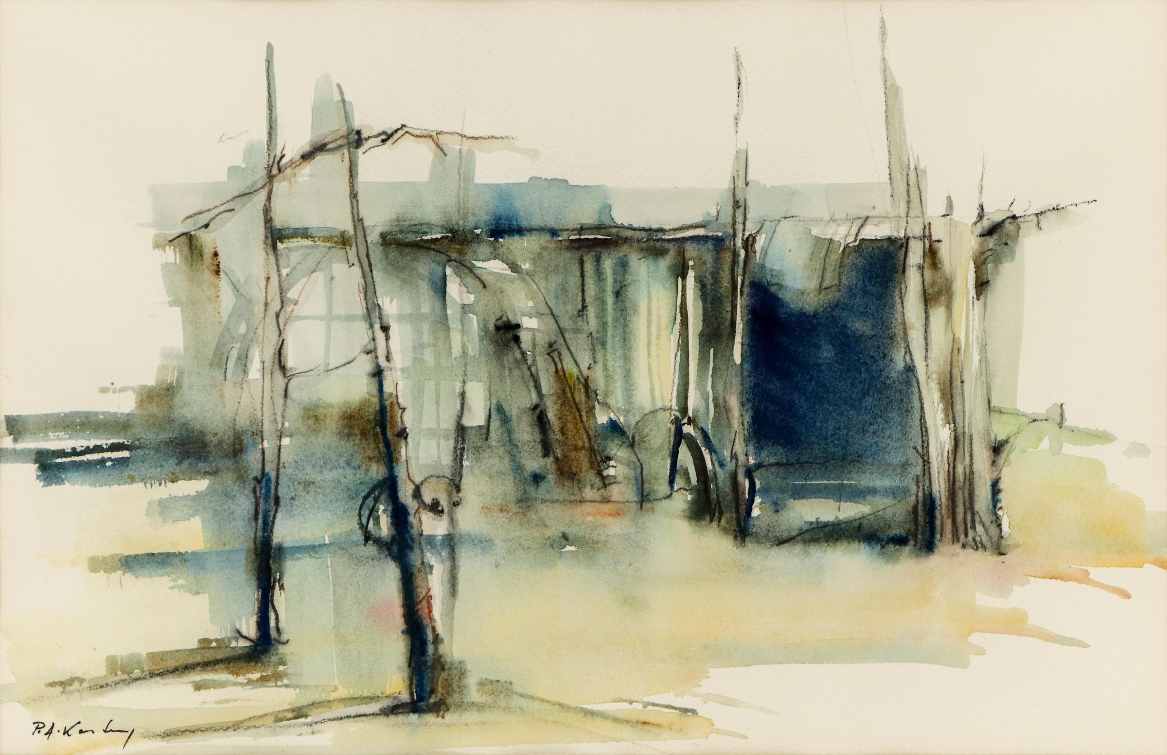 This evocative 20th-century watercolor painting by Polish-American artist Pawel Kontny captures the timeless architecture and spirit of the Southwest. Titled “New Mexico,” the work features a semi-abstract depiction of a traditional adobe structure