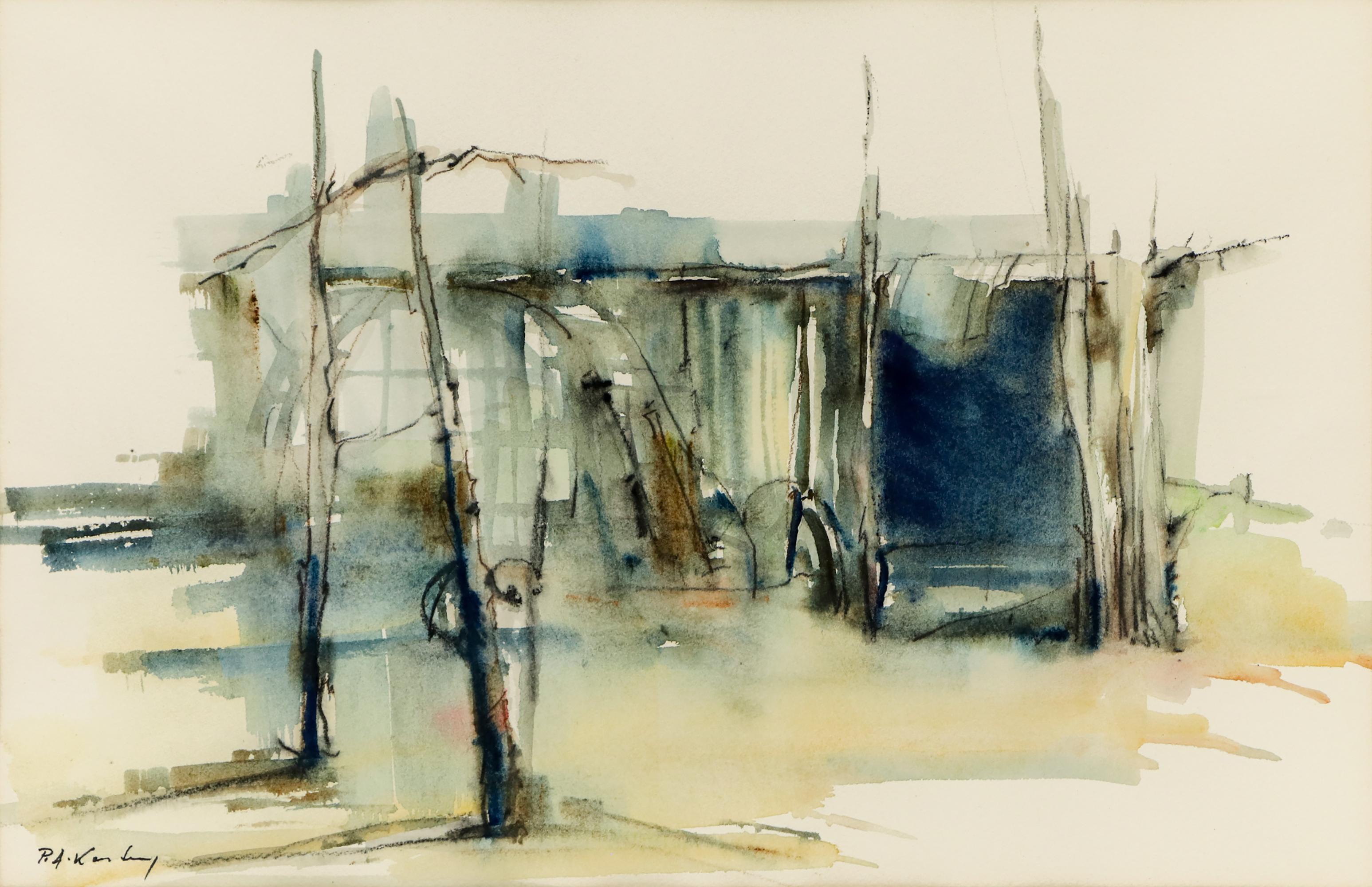 This 20th-century watercolor painting, “New Mexico,” by Polish-American artist Pawel Kontny, captures the enduring architecture and serene spirit of the American Southwest. The work depicts a traditional adobe structure in a semi-abstract style,